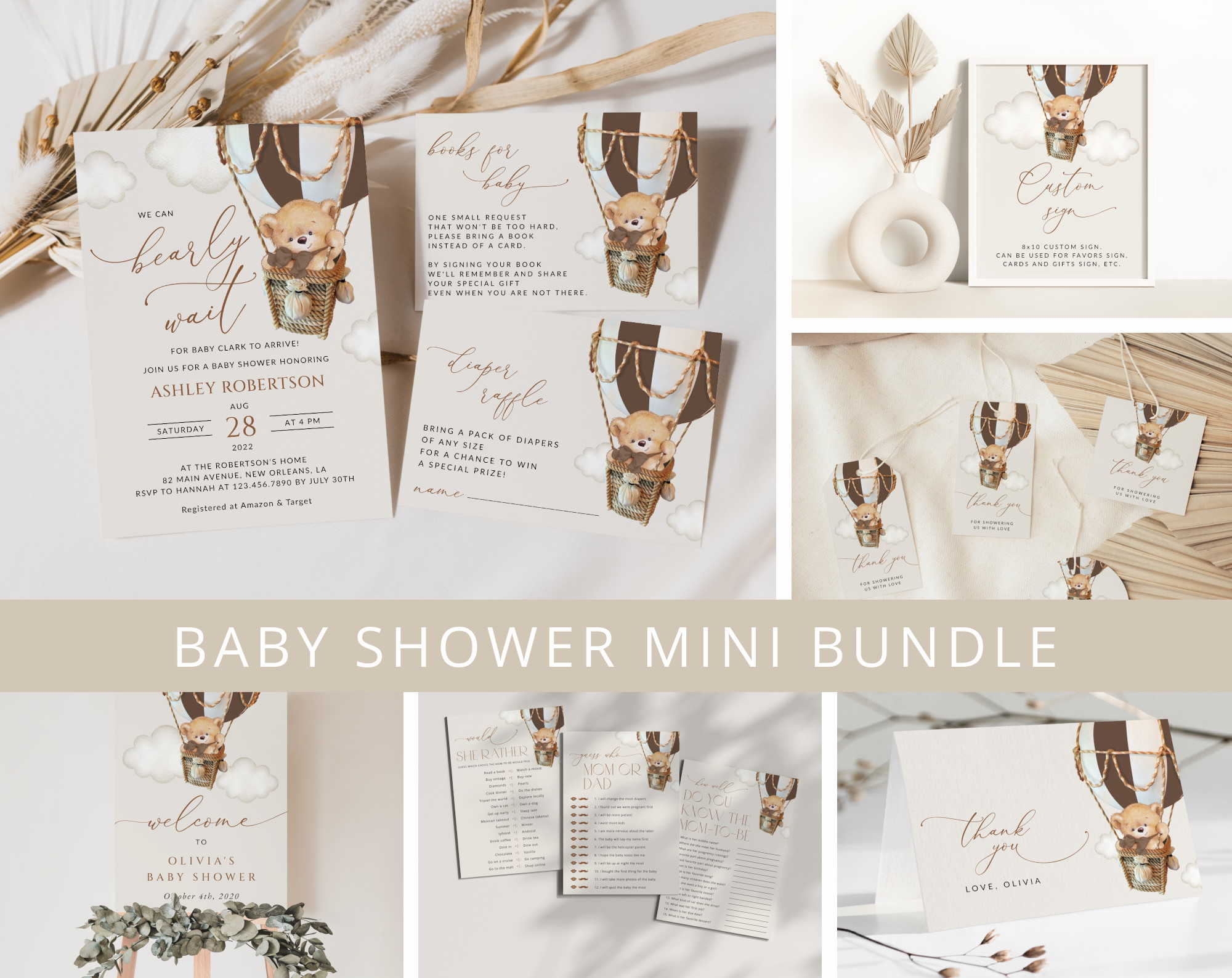 Bear in Brown Balloon Baby Shower Mini Bundle, Gender Neutral Baby Shower, Printable File, Edit Yourself, SH19