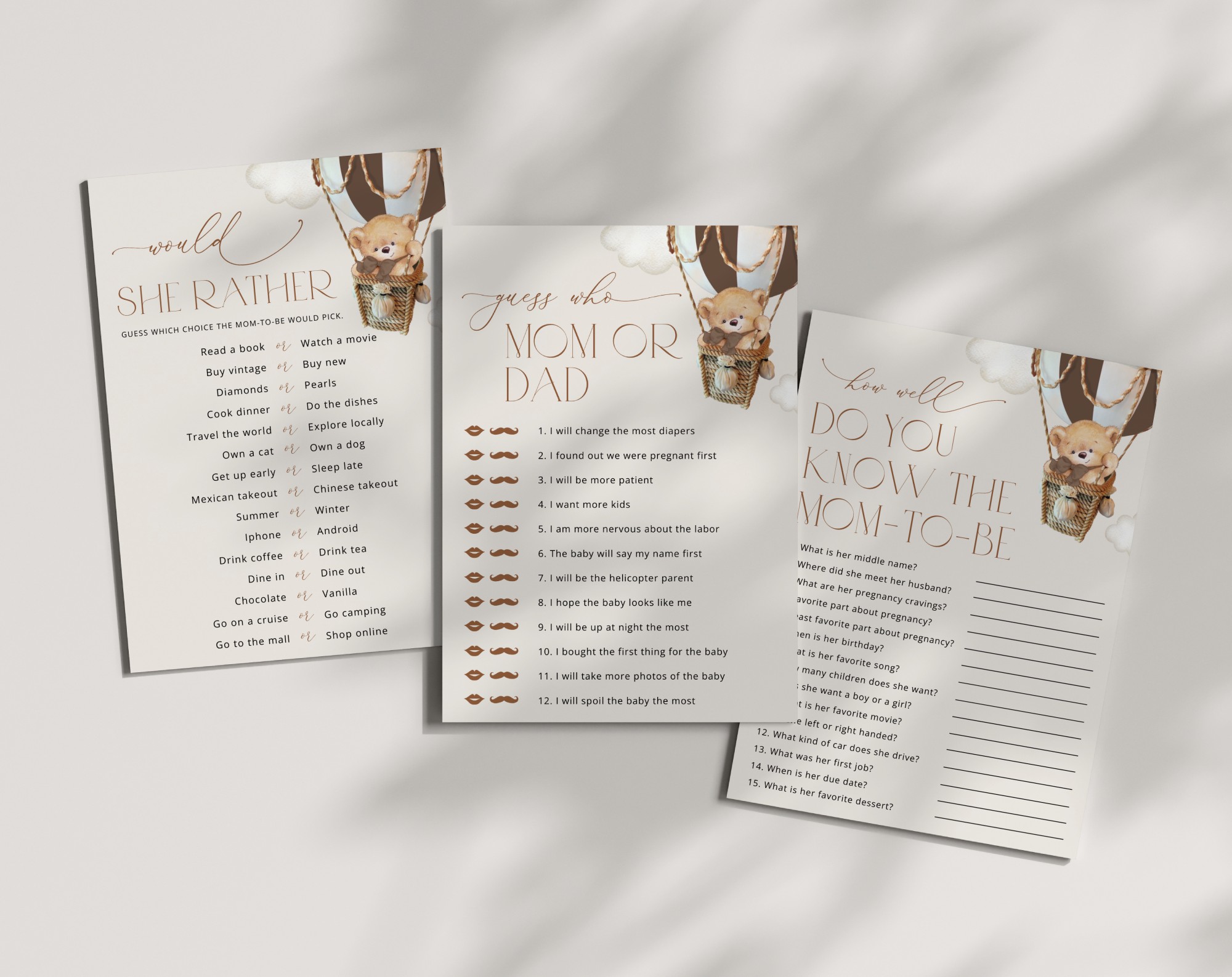 Bear in Brown Balloon Baby Shower Games, Set of 3 Games, Gender Neutral Baby Shower, Printable File, Edit Yourself, SH19 Bear in Brown Balloon Baby Shower Games, Set of 3 Games, Gender Neutral Baby Shower, Printable File, Edit Yourself, SH19