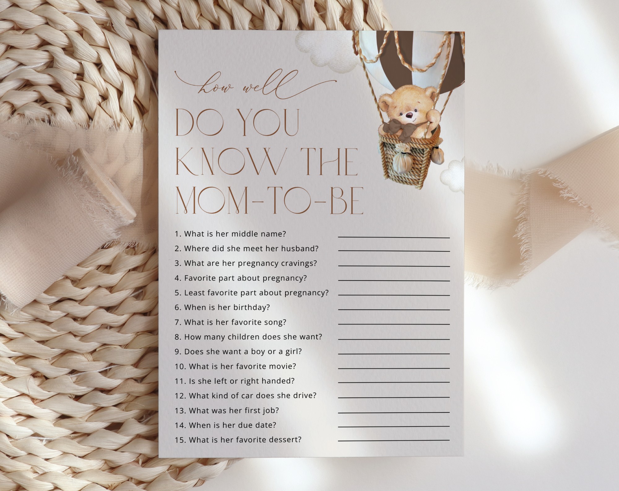 Bear in Brown Balloon Baby Shower Games, Set of 3 Games, Gender Neutral Baby Shower, Printable File, Edit Yourself, SH19