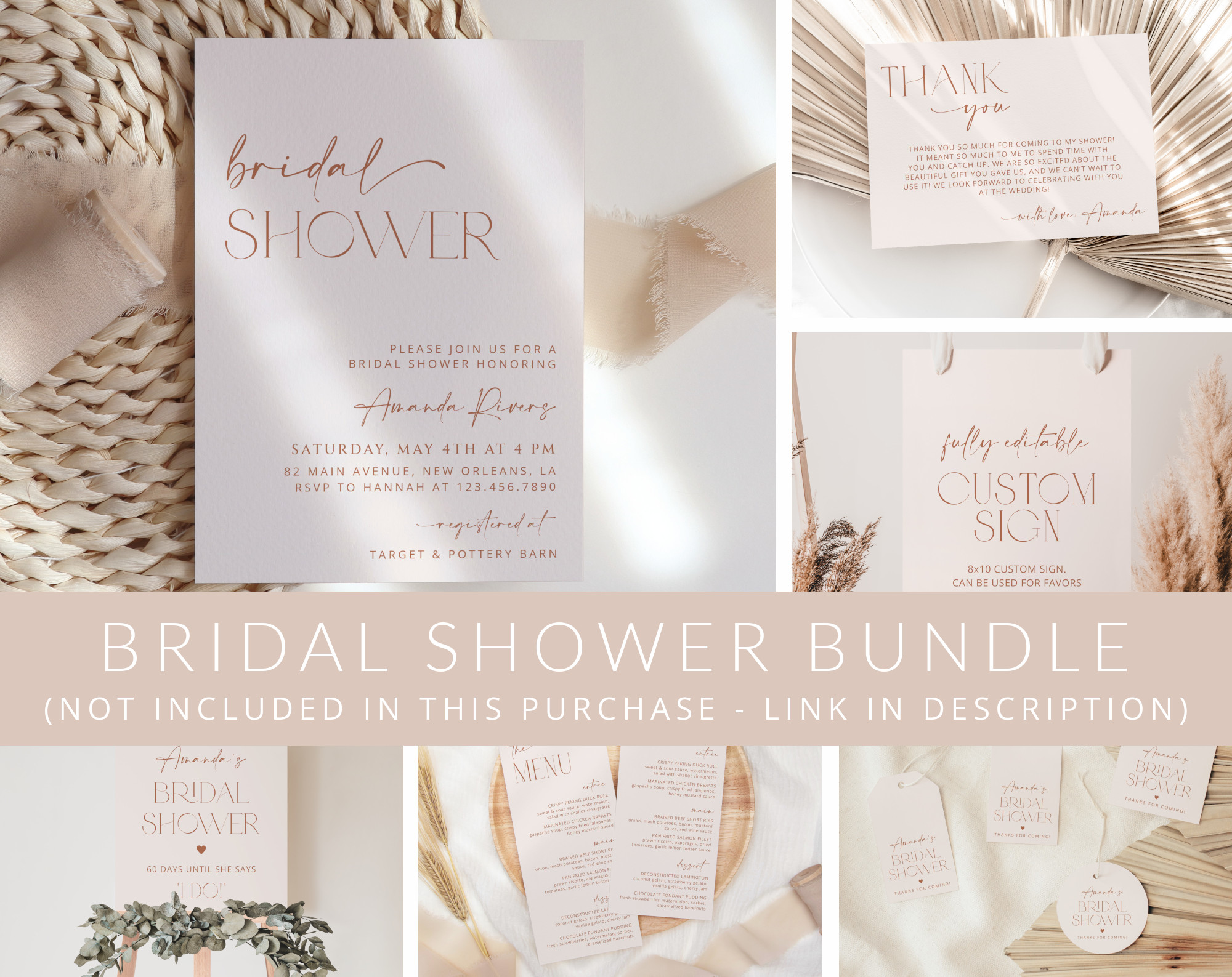 Minimal Boho Bridal Shower Mini Bundle, Printable File, Edit Yourself, SH21