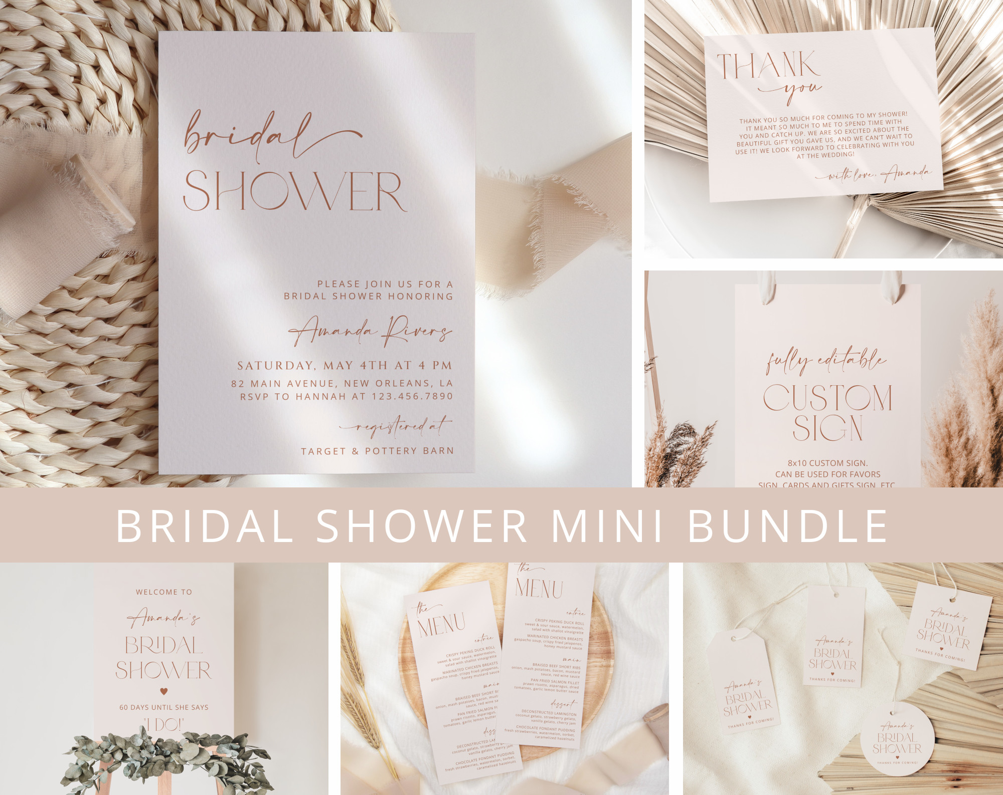 Minimal Boho Bridal Shower Mini Bundle, Printable File, Edit Yourself, SH21
