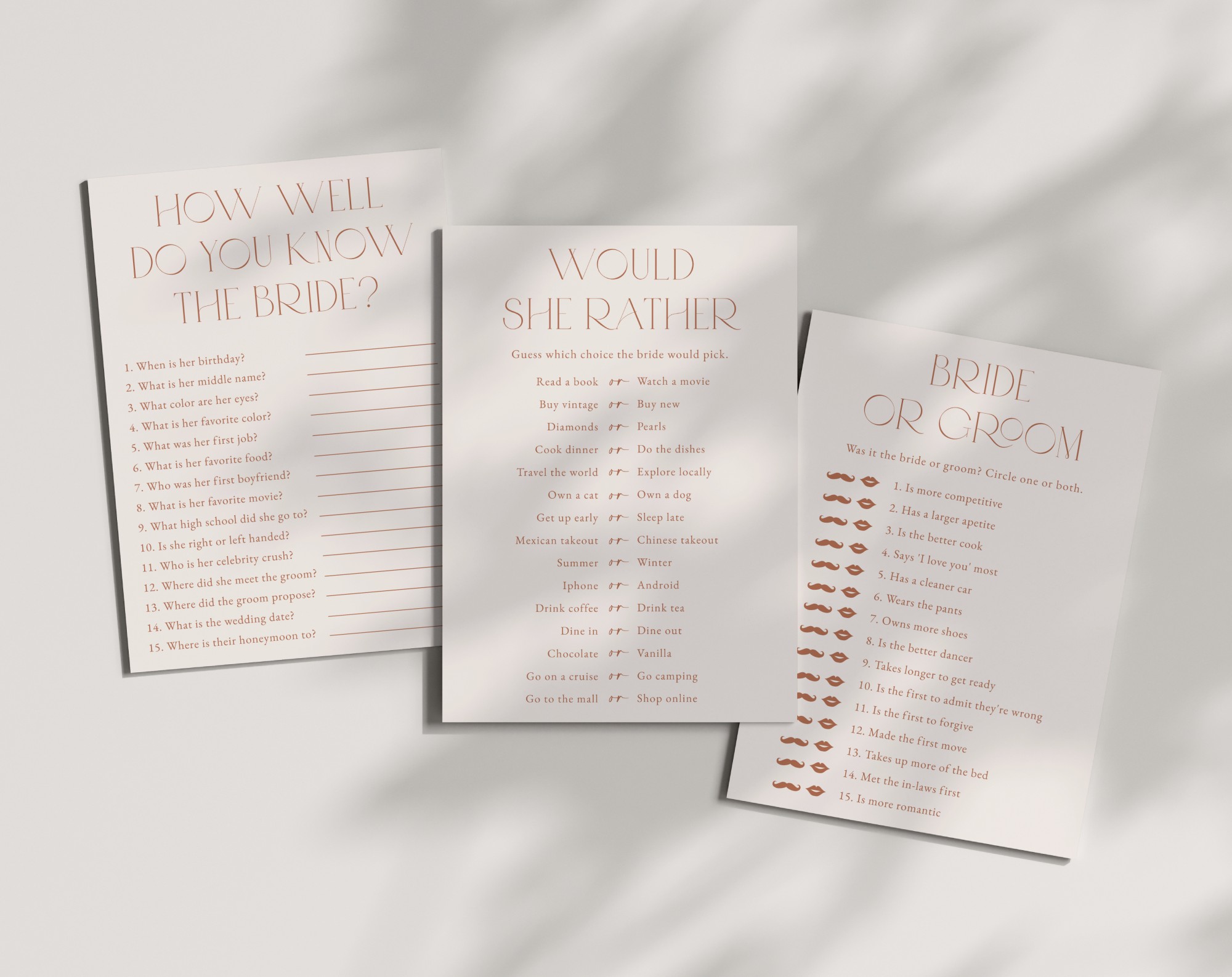 Minimal Boho Bridal Shower Games, Set of 3 Games, Printable File, Edit Yourself, SH21