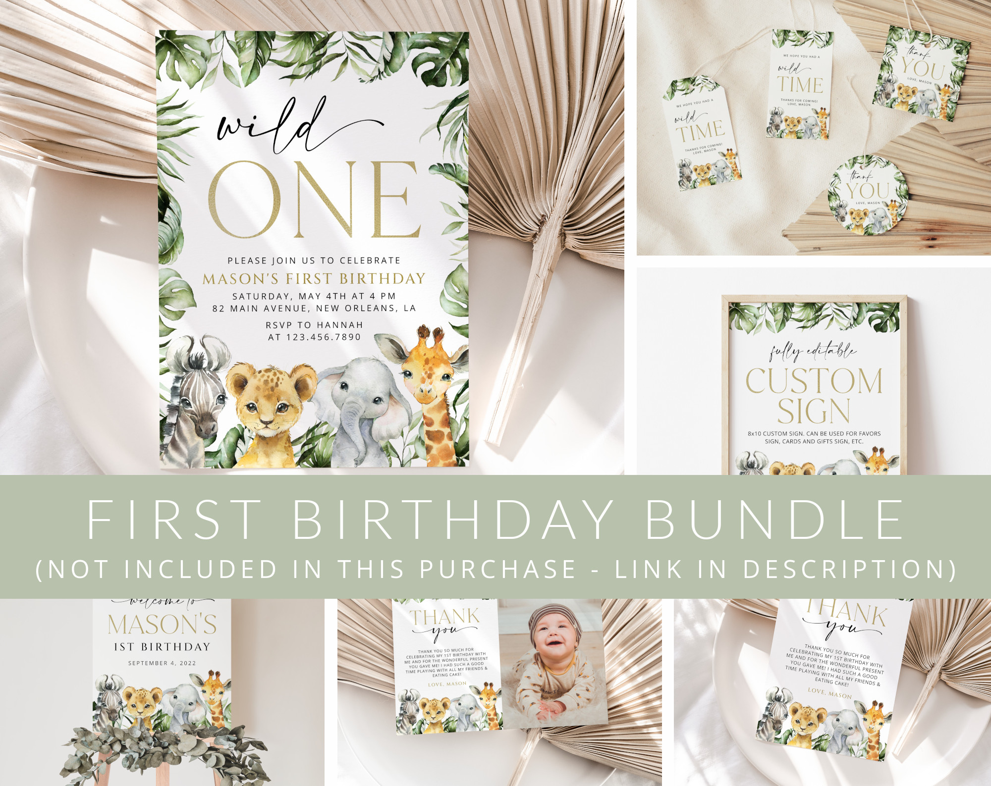 Jungle Animals First Birthday Mini Bundle, Boy Birthday, Printable File, Edit Yourself, SH22