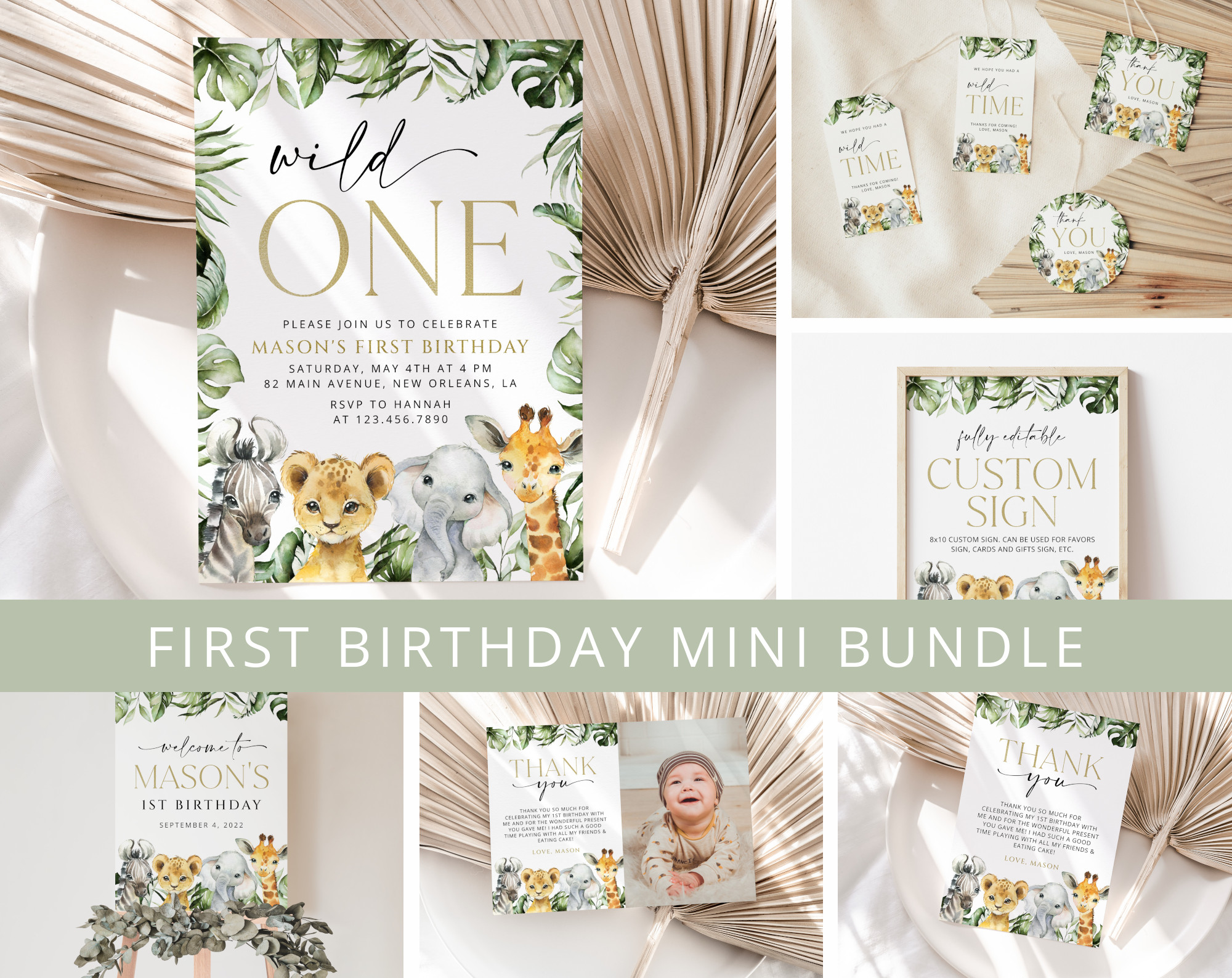 Jungle Animals First Birthday Mini Bundle, Boy Birthday, Printable File, Edit Yourself, SH22