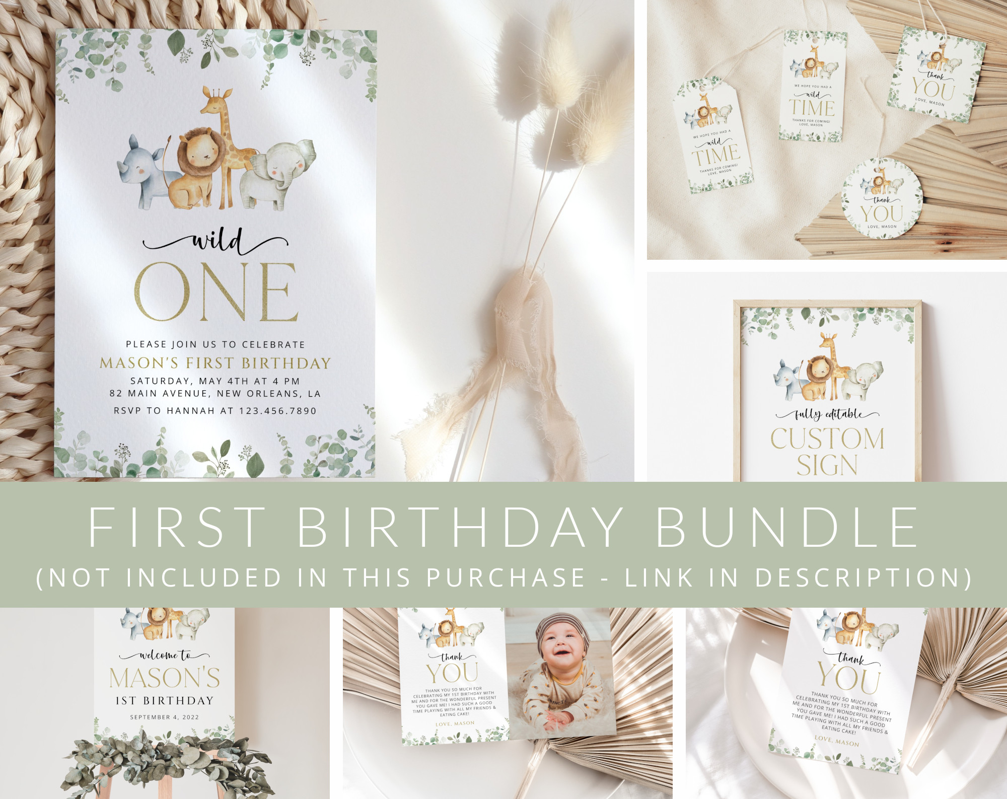 Safari Animals First Birthday Mini Bundle, Boy Birthday, Printable File, Edit Yourself, SH23