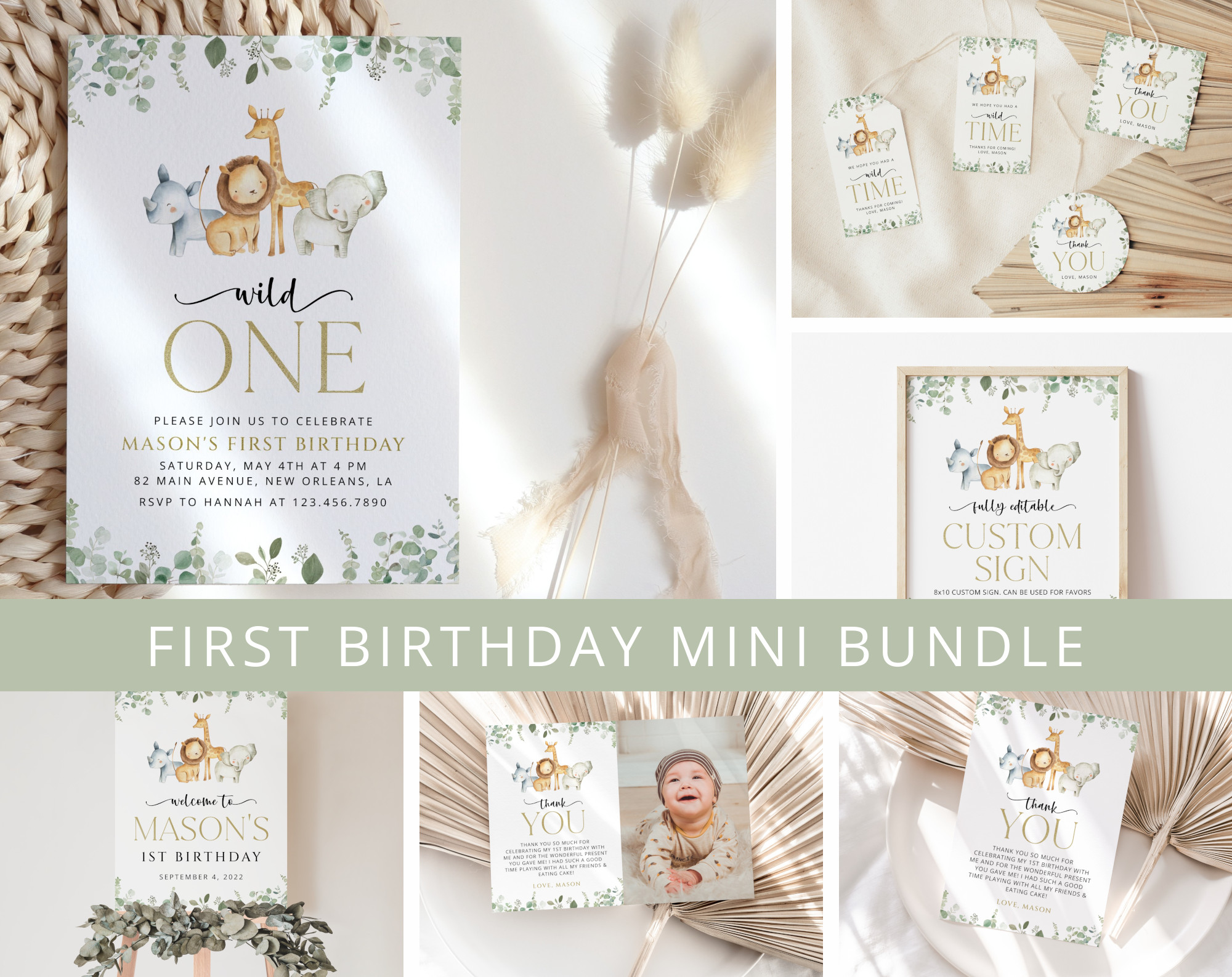 Safari Animals First Birthday Mini Bundle, Boy Birthday, Printable File, Edit Yourself, SH23