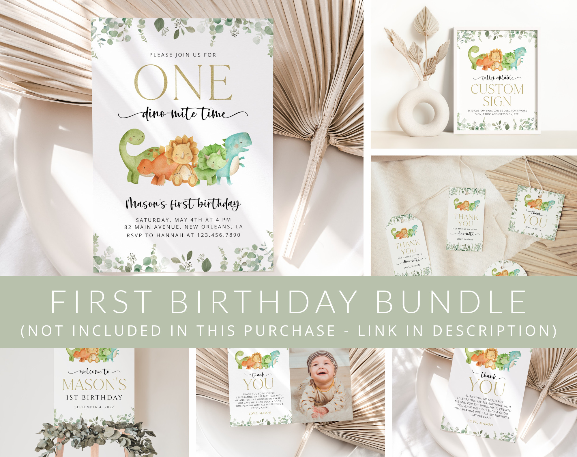 Cute Dinosaurs First Birthday Mini Bundle, Boy Birthday, Printable File, Edit Yourself, SH25