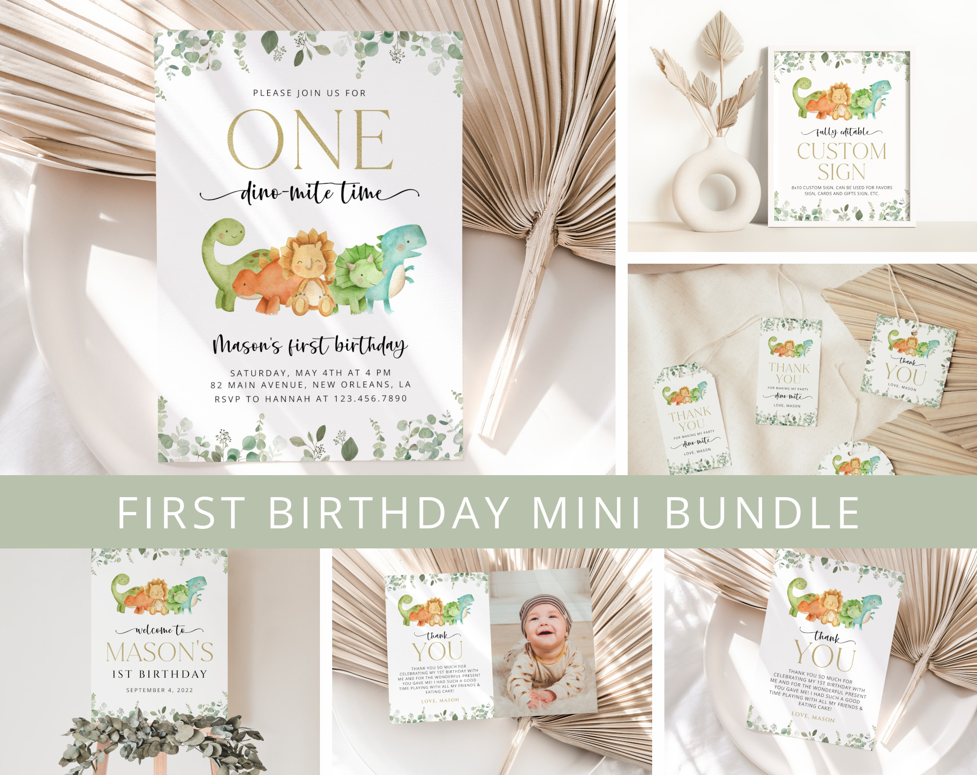 Cute Dinosaurs First Birthday Mini Bundle, Boy Birthday, Printable File, Edit Yourself, SH25