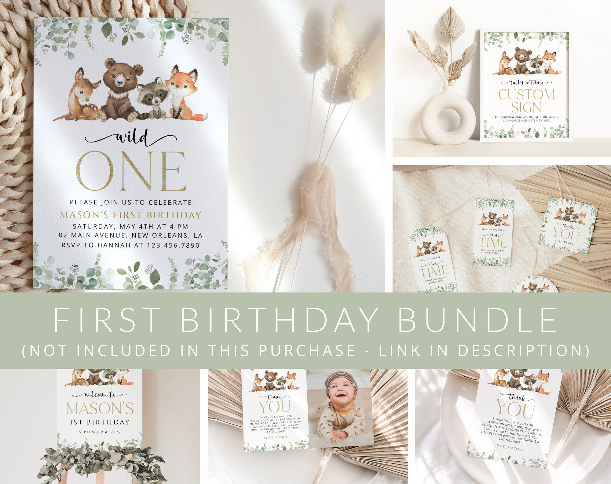 Forest Animals First Birthday Mini Bundle, Printable File, Edit Yourself, SH28