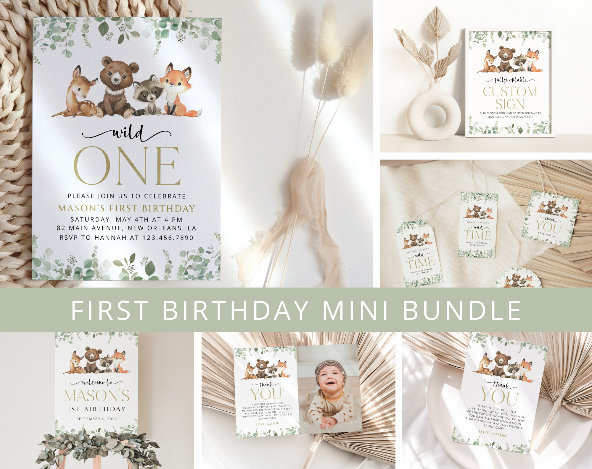 Forest Animals First Birthday Mini Bundle, Printable File, Edit Yourself, SH28