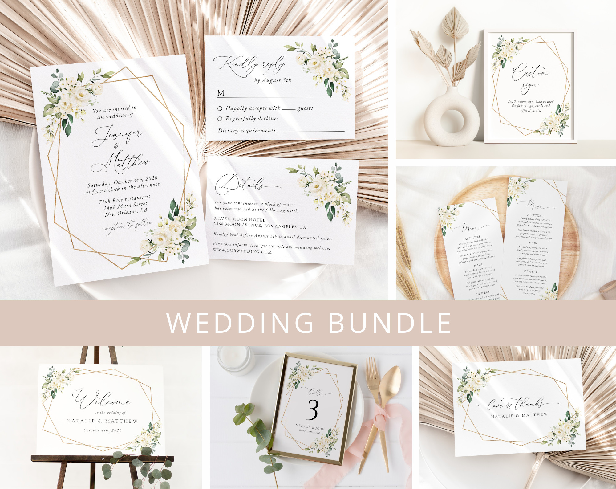 White Flowers Wedding Bundle, Printable File, Edit Yourself, SH33