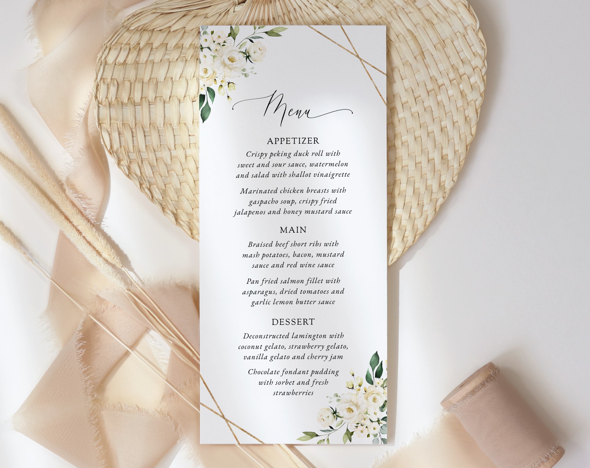 White Flowers Wedding Menu, Wedding Stationery, Printable File, Edit Yourself, SH33