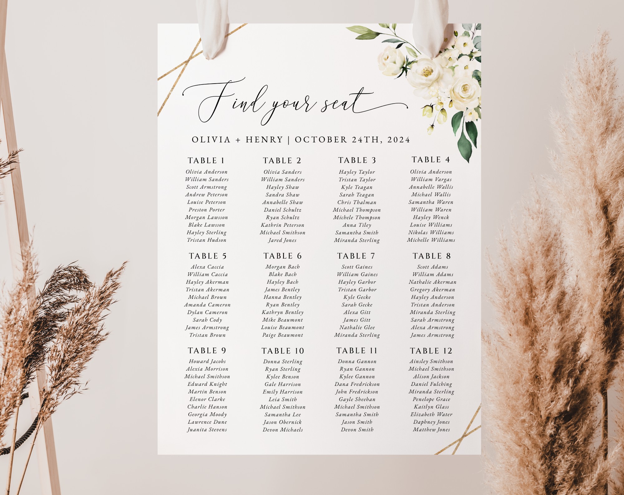White Flowers Seating Chart, Wedding Sign, Printable File, Edit Yourself, SH33