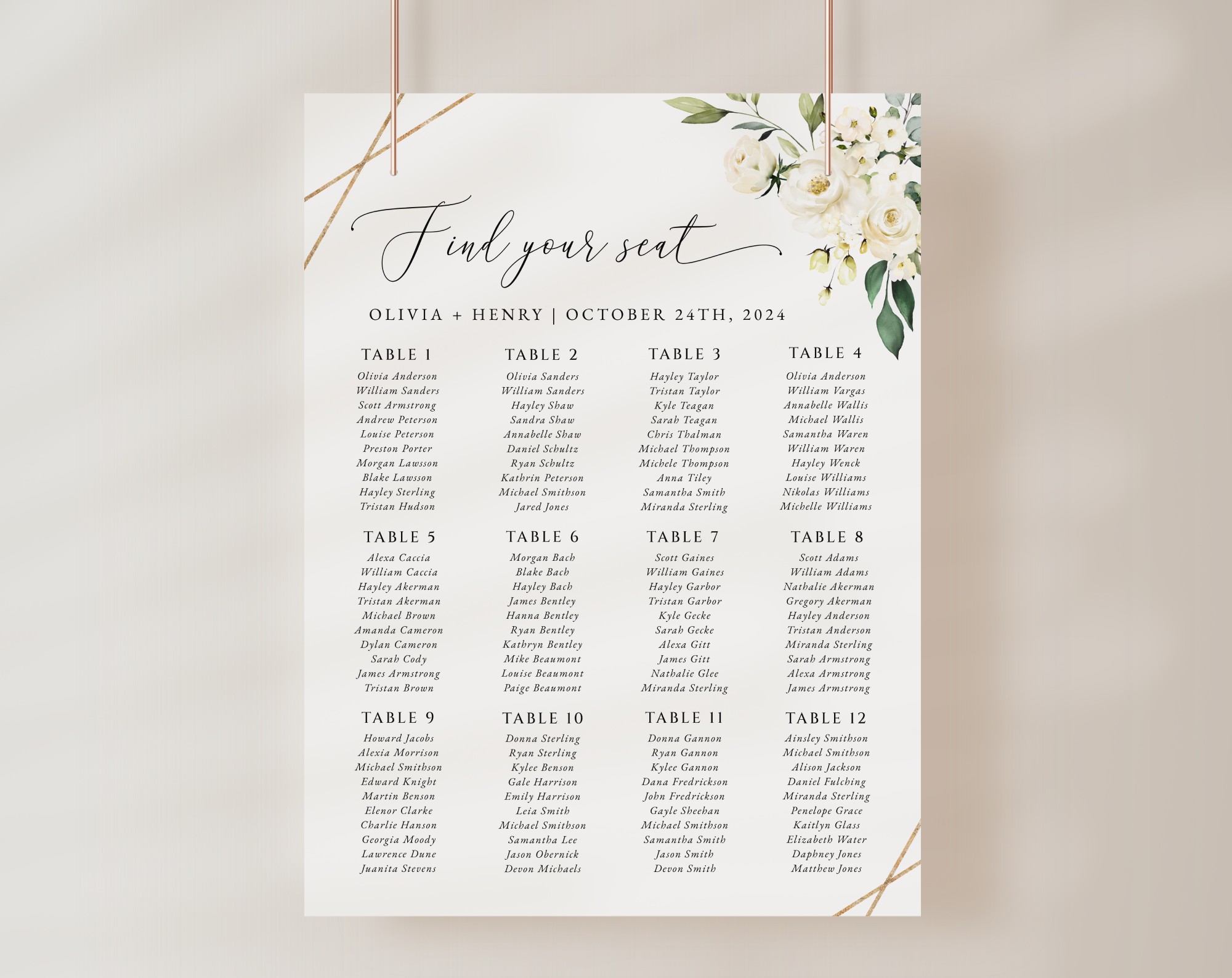 White Flowers Seating Chart, Wedding Sign, Printable File, Edit Yourself, SH33 White Flowers Seating Chart, Wedding Sign, Printable File, Edit Yourself, SH33