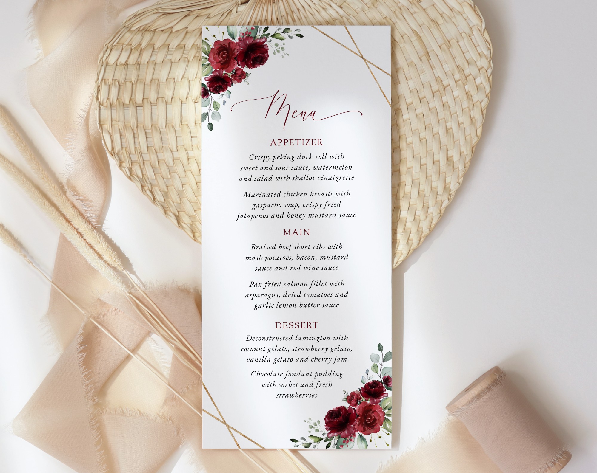 Burgundy Red Flowers Wedding Menu, Wedding Stationery, Printable File, Edit Yourself, SH34