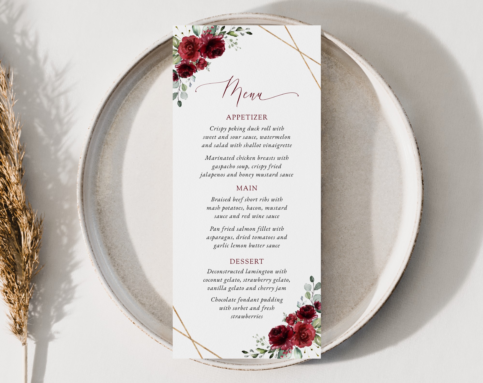 Burgundy Red Flowers Wedding Menu, Wedding Stationery, Printable File, Edit Yourself, SH34