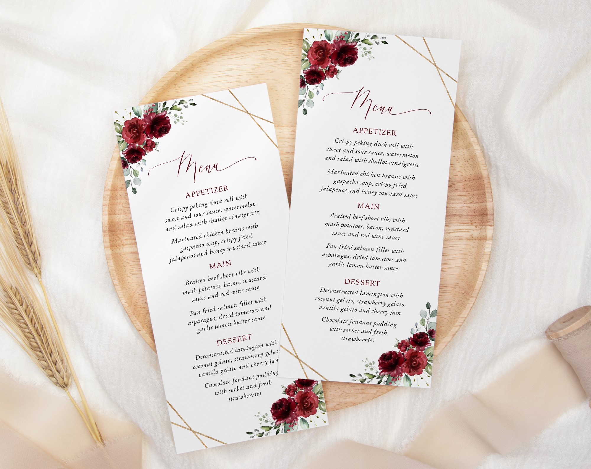 Burgundy Red Flowers Wedding Menu, Wedding Stationery, Printable File, Edit Yourself, SH34