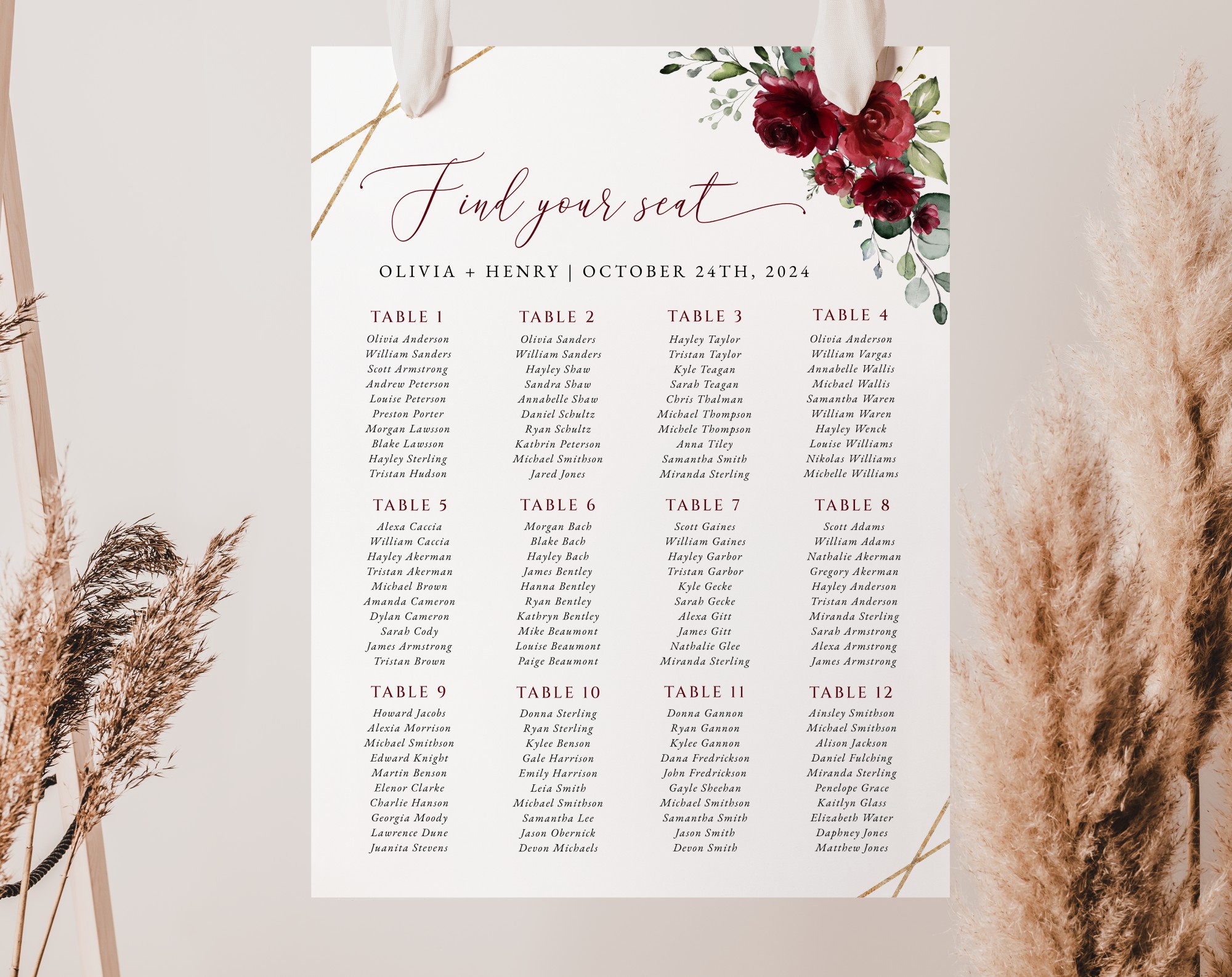 Burgundy Red Flowers Seating Chart, Wedding Sign, Printable File, Edit Yourself, SH34