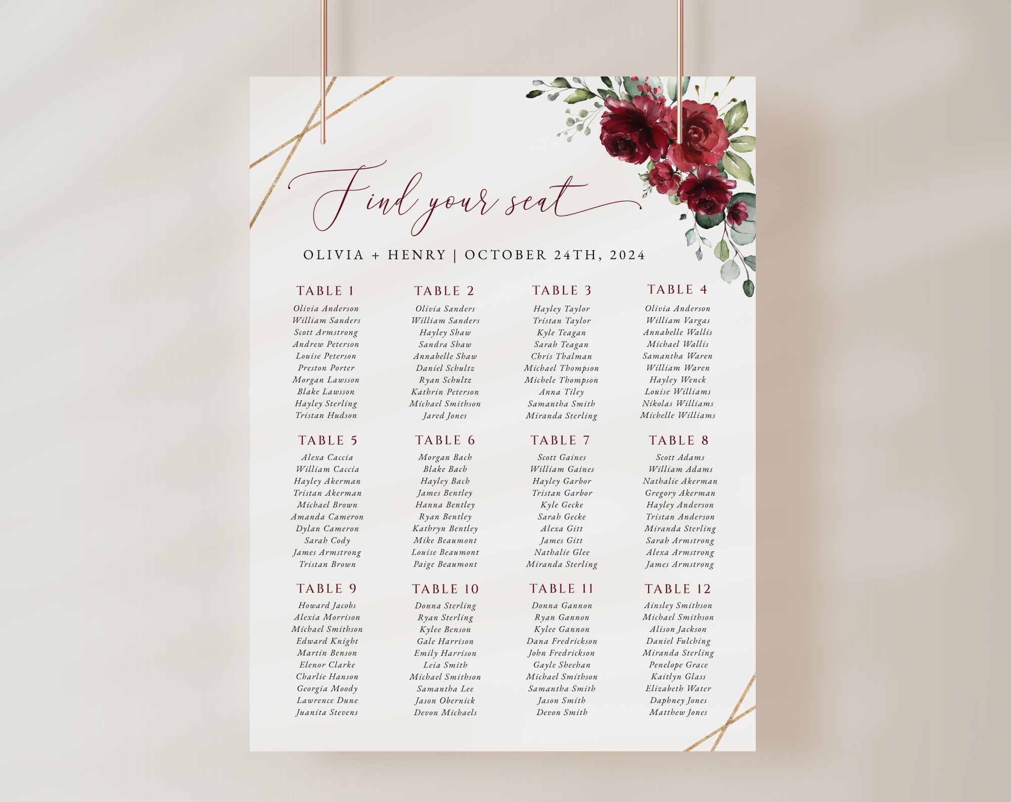 Burgundy Red Flowers Seating Chart, Wedding Sign, Printable File, Edit Yourself, SH34