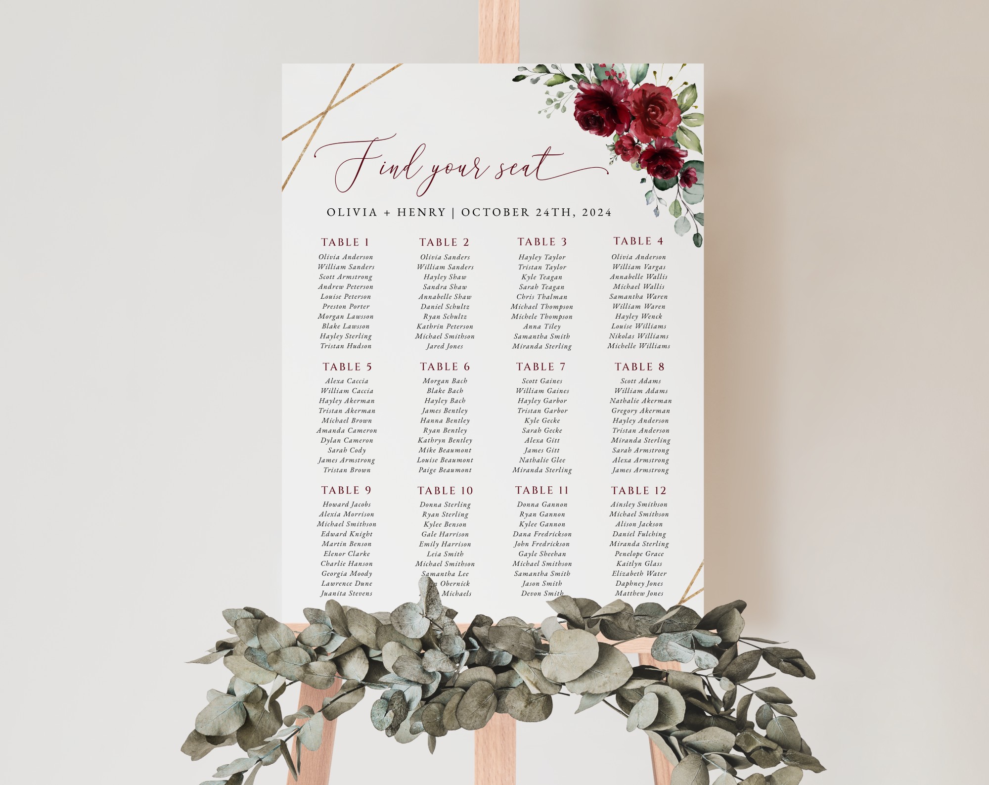 Burgundy Red Flowers Seating Chart, Wedding Sign, Printable File, Edit Yourself, SH34