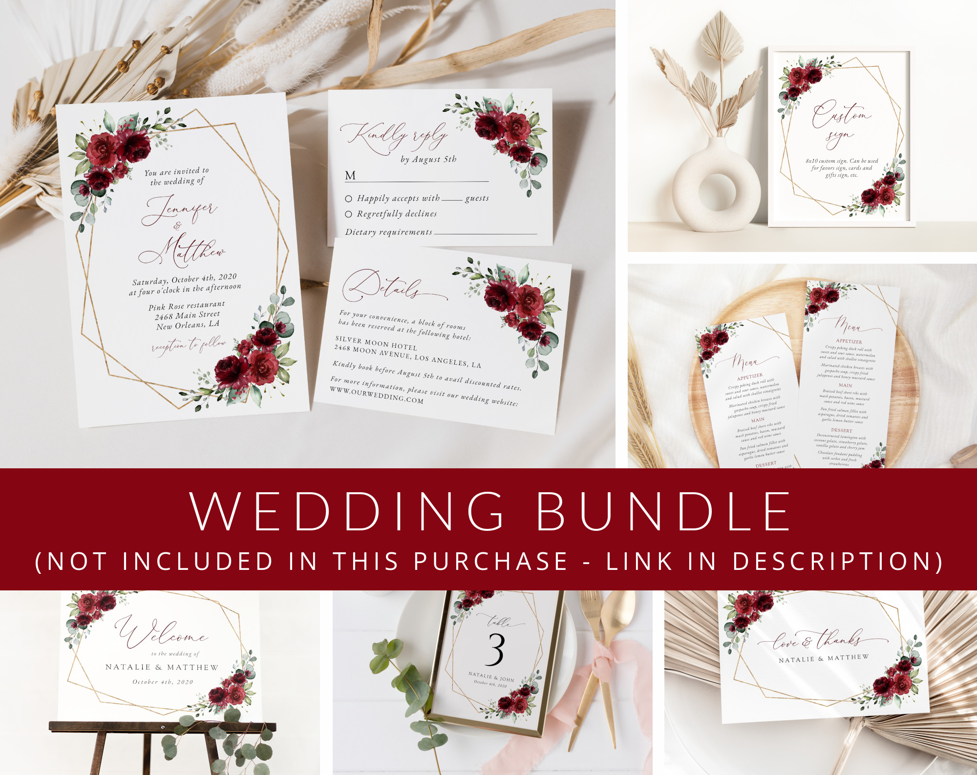 Burgundy Red Flowers Wedding Bundle, Printable File, Edit Yourself, SH34