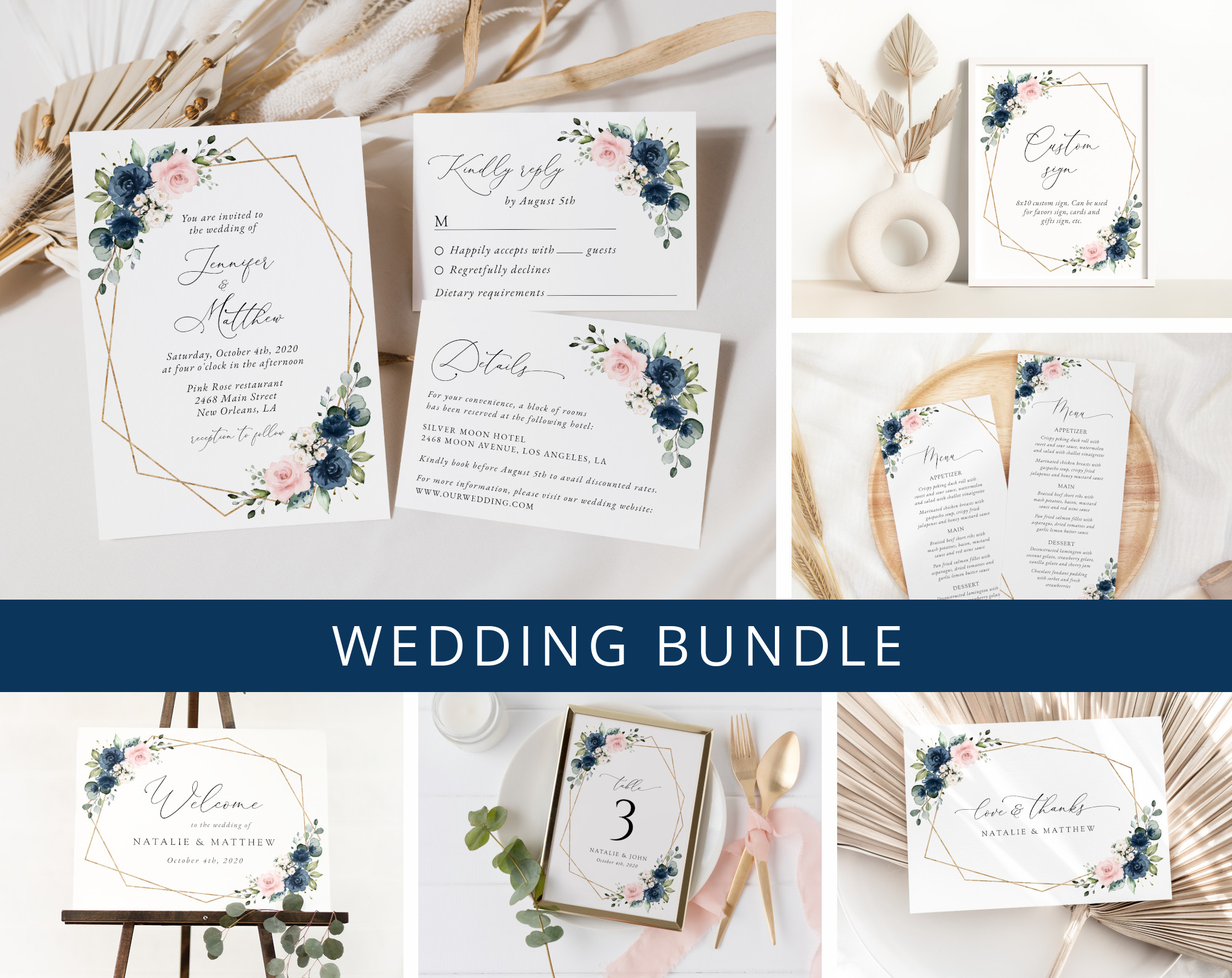 Navy and Pink Flowers Wedding Bundle, Printable File, Edit Yourself, SH35