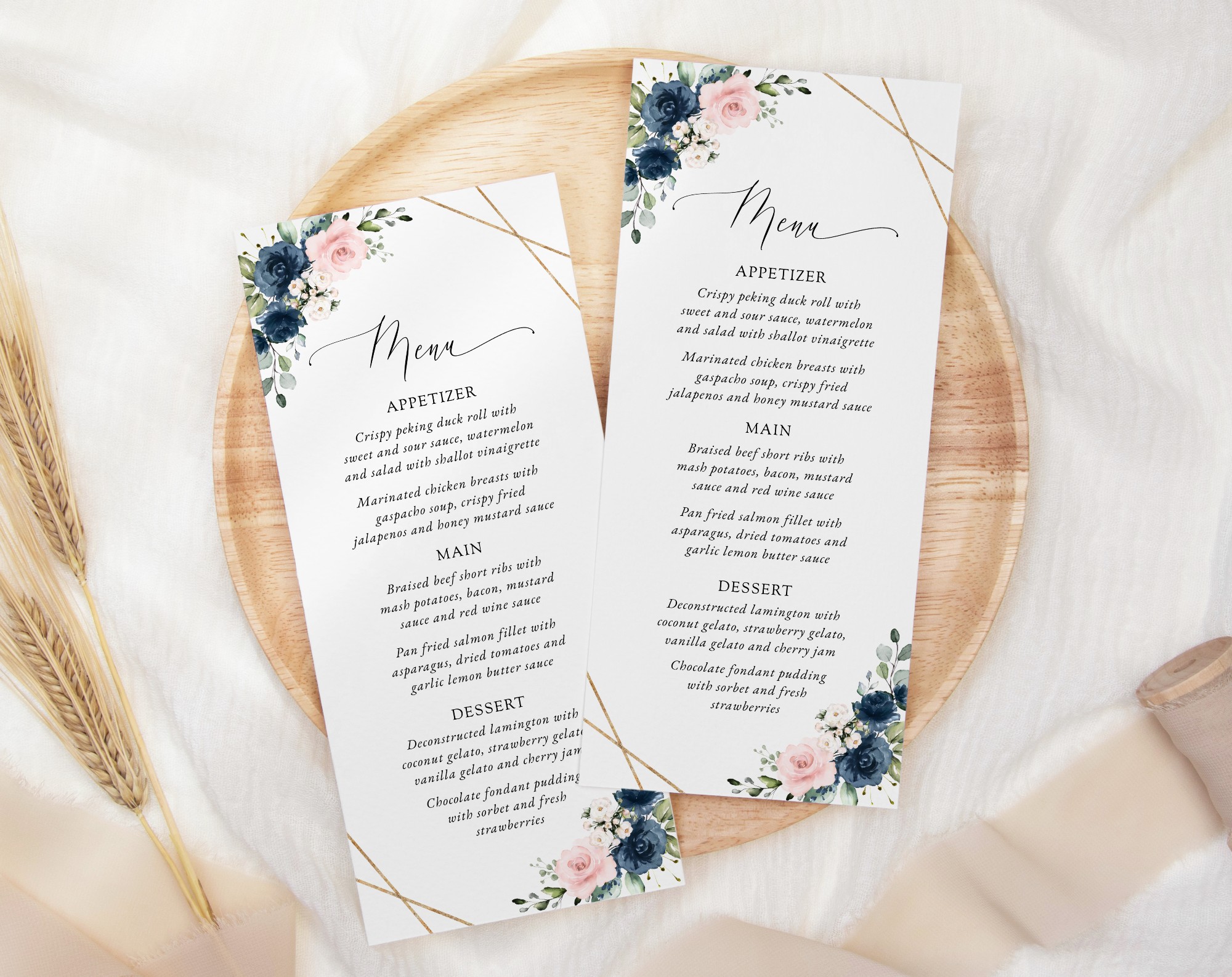 Navy and Pink Flowers Wedding Menu, Wedding Stationery, Printable File, Edit Yourself, SH35