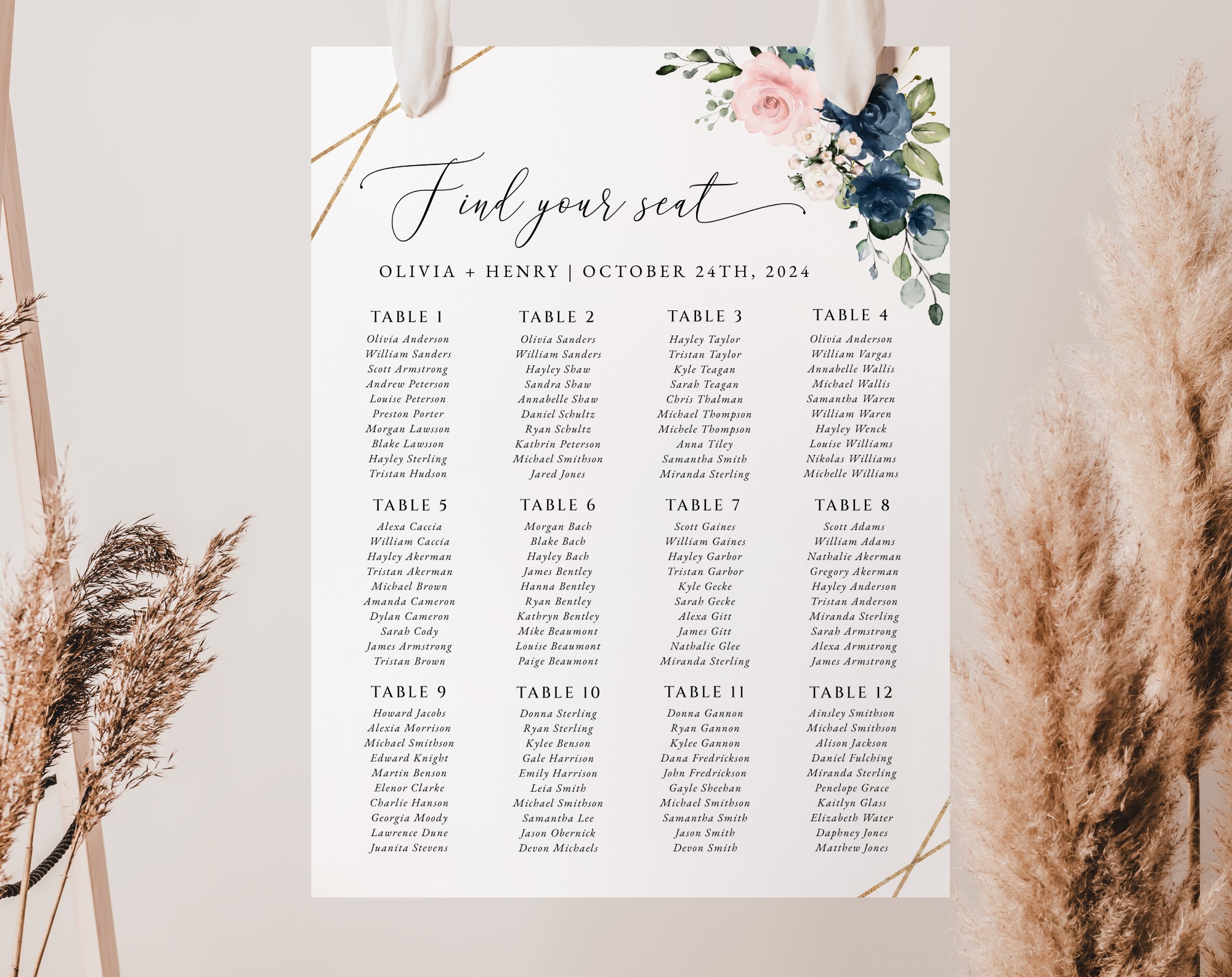 Navy and Pink Flowers Seating Chart, Wedding Sign, Printable File, Edit Yourself, SH35