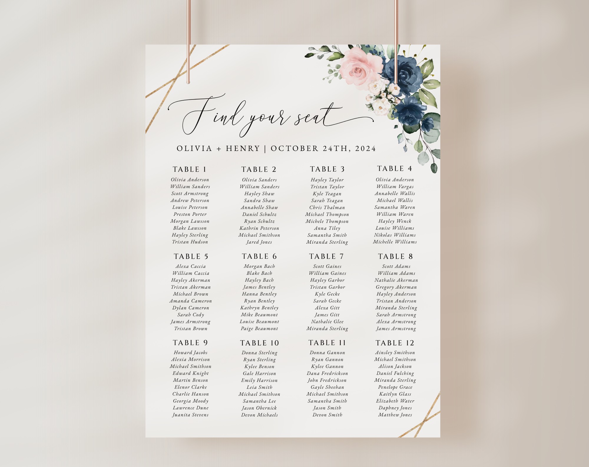 Navy and Pink Flowers Seating Chart, Wedding Sign, Printable File, Edit Yourself, SH35