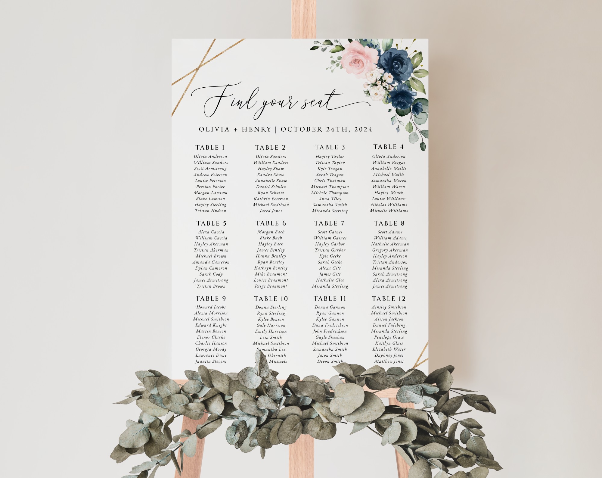 Navy and Pink Flowers Seating Chart, Wedding Sign, Printable File, Edit Yourself, SH35