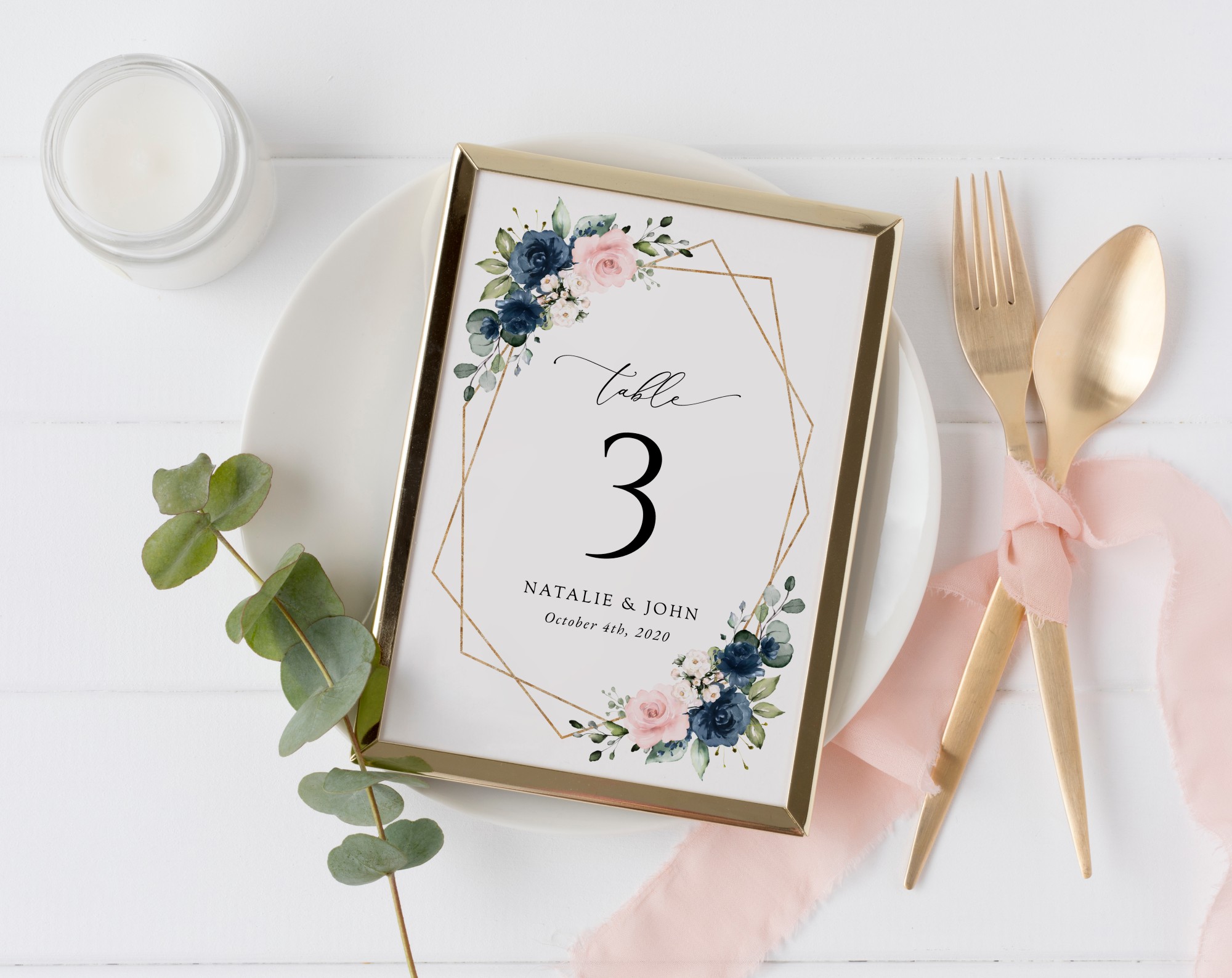 Navy and Pink Flowers Table Number Sign, Wedding Sign, Printable File, Edit Yourself, SH35
