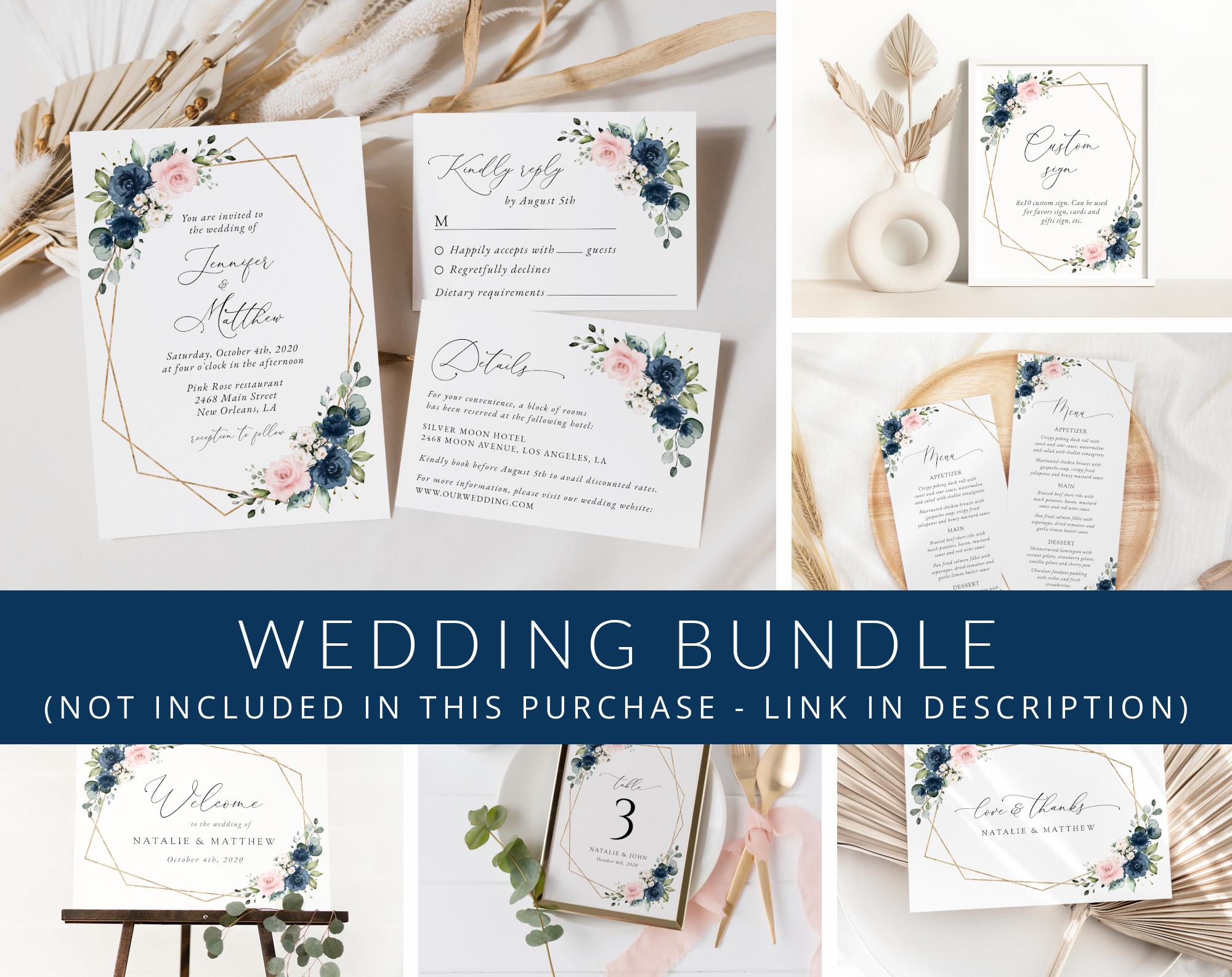 Navy and Pink Flowers Wedding Bundle, Printable File, Edit Yourself, SH35