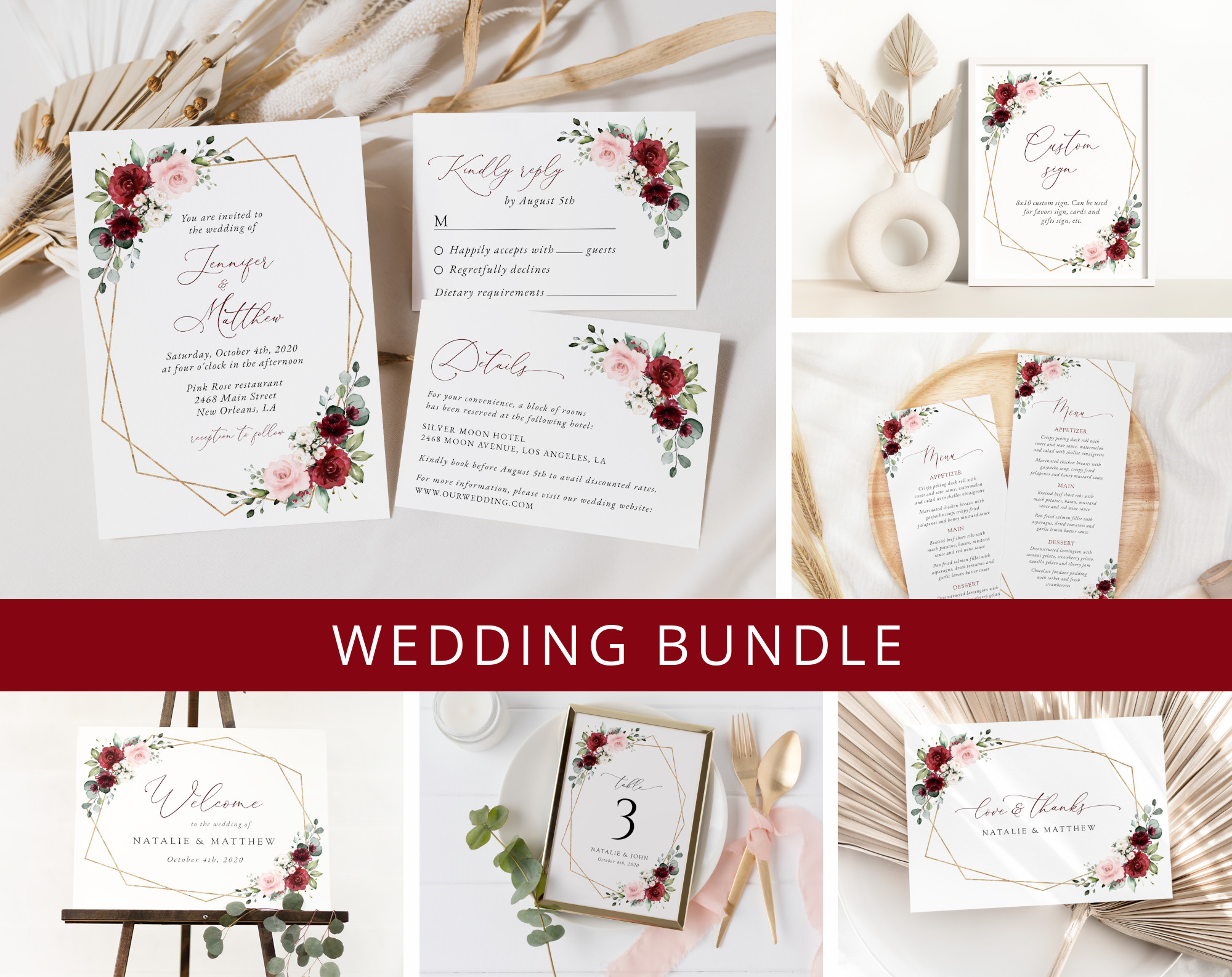 Burgundy and Pink Flowers Wedding Bundle, Printable File, Edit Yourself, SH36