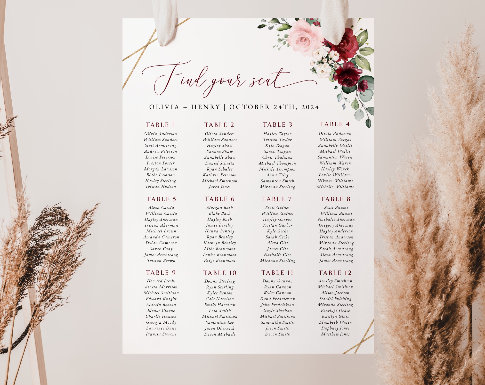 Burgundy and Pink Flowers Seating Chart, Wedding Sign, Printable File, Edit Yourself, SH36