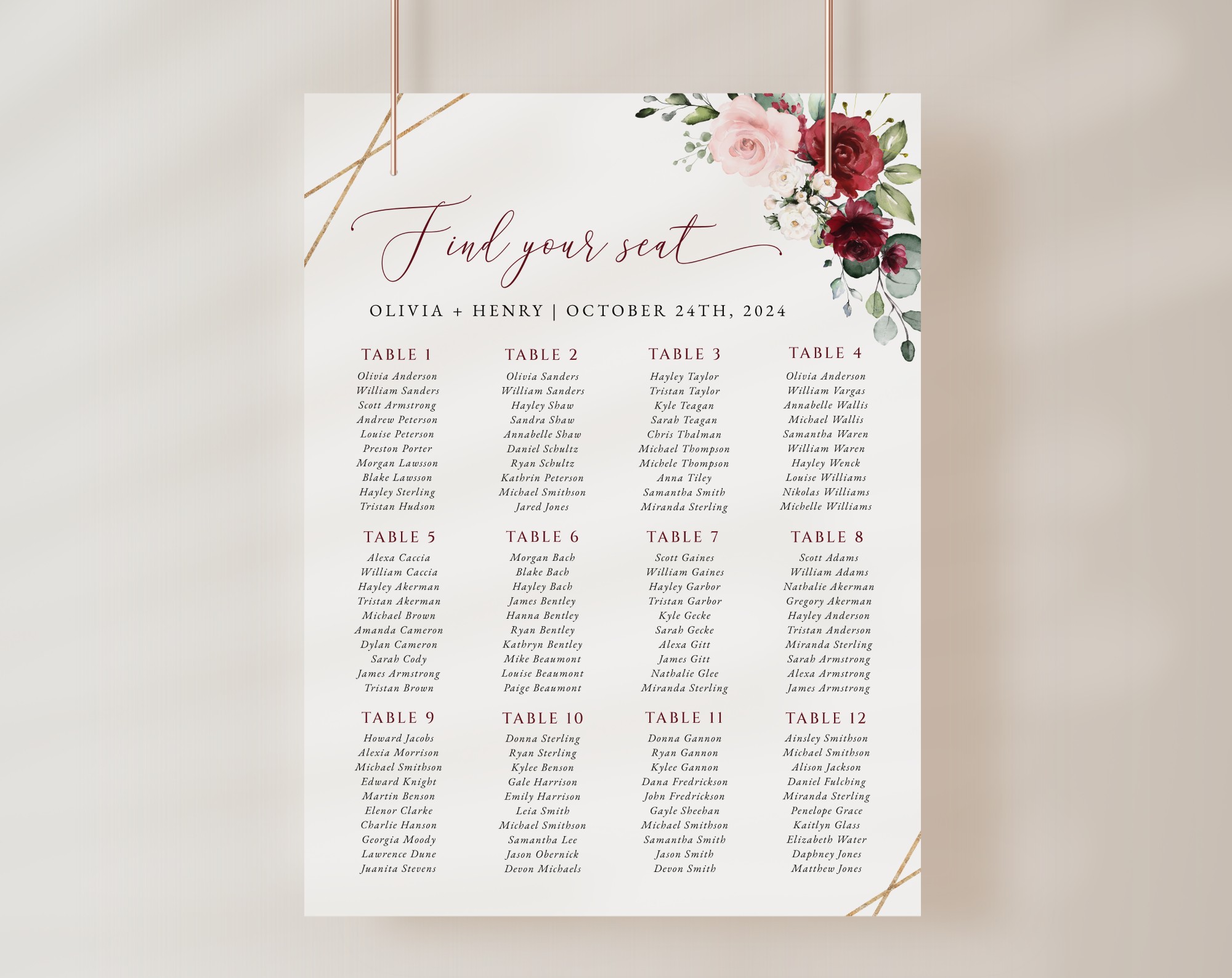 Burgundy and Pink Flowers Seating Chart, Wedding Sign, Printable File, Edit Yourself, SH36