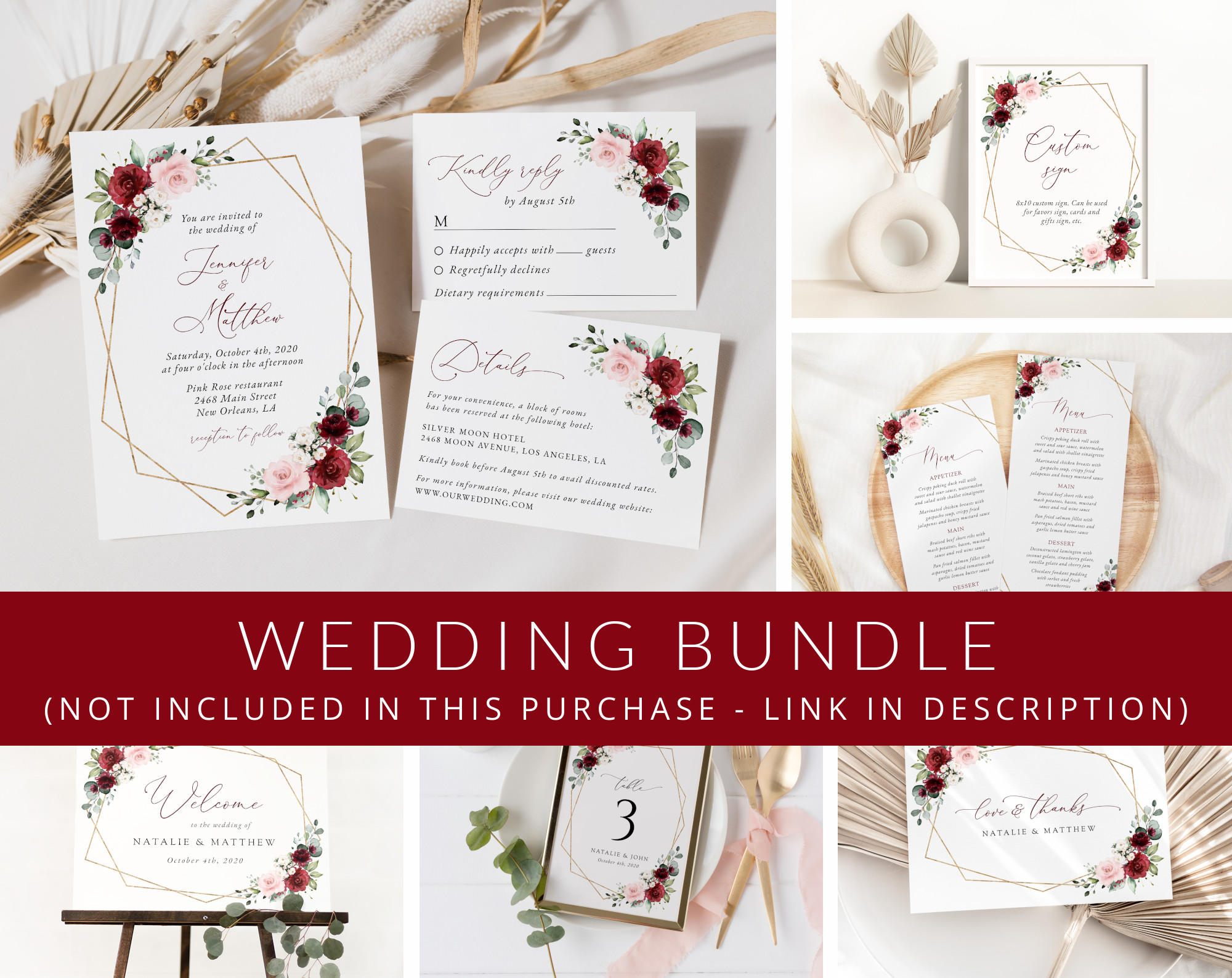 Burgundy and Pink Flowers Wedding Bundle, Printable File, Edit Yourself, SH36