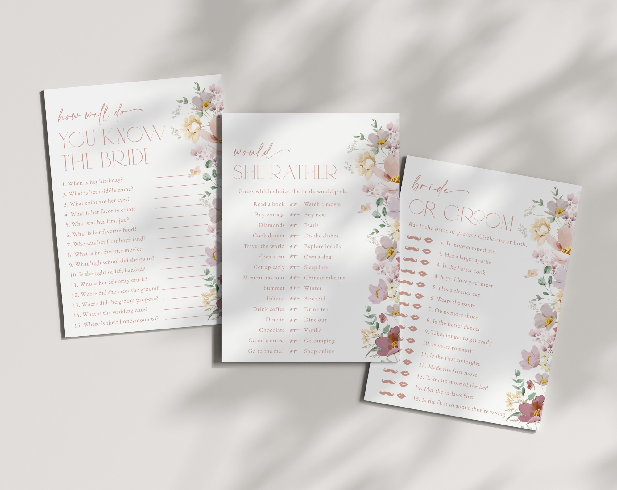 Colorful Flowers Bridal Shower Games, Set of 3 Games, Printable File, Edit Yourself, SH40