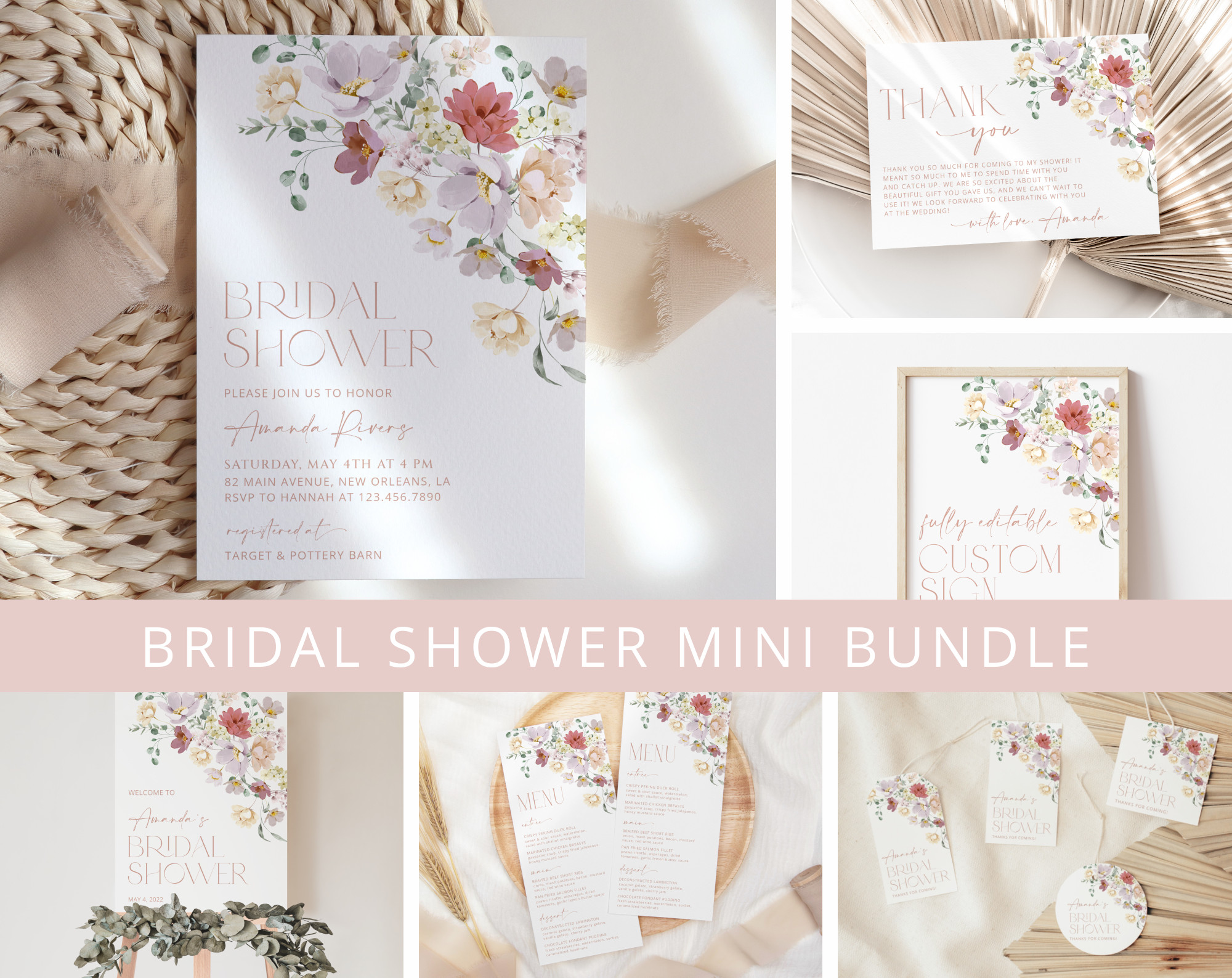 Colorful Flowers Bridal Shower Mini Bundle, Printable File, Edit Yourself, SH40