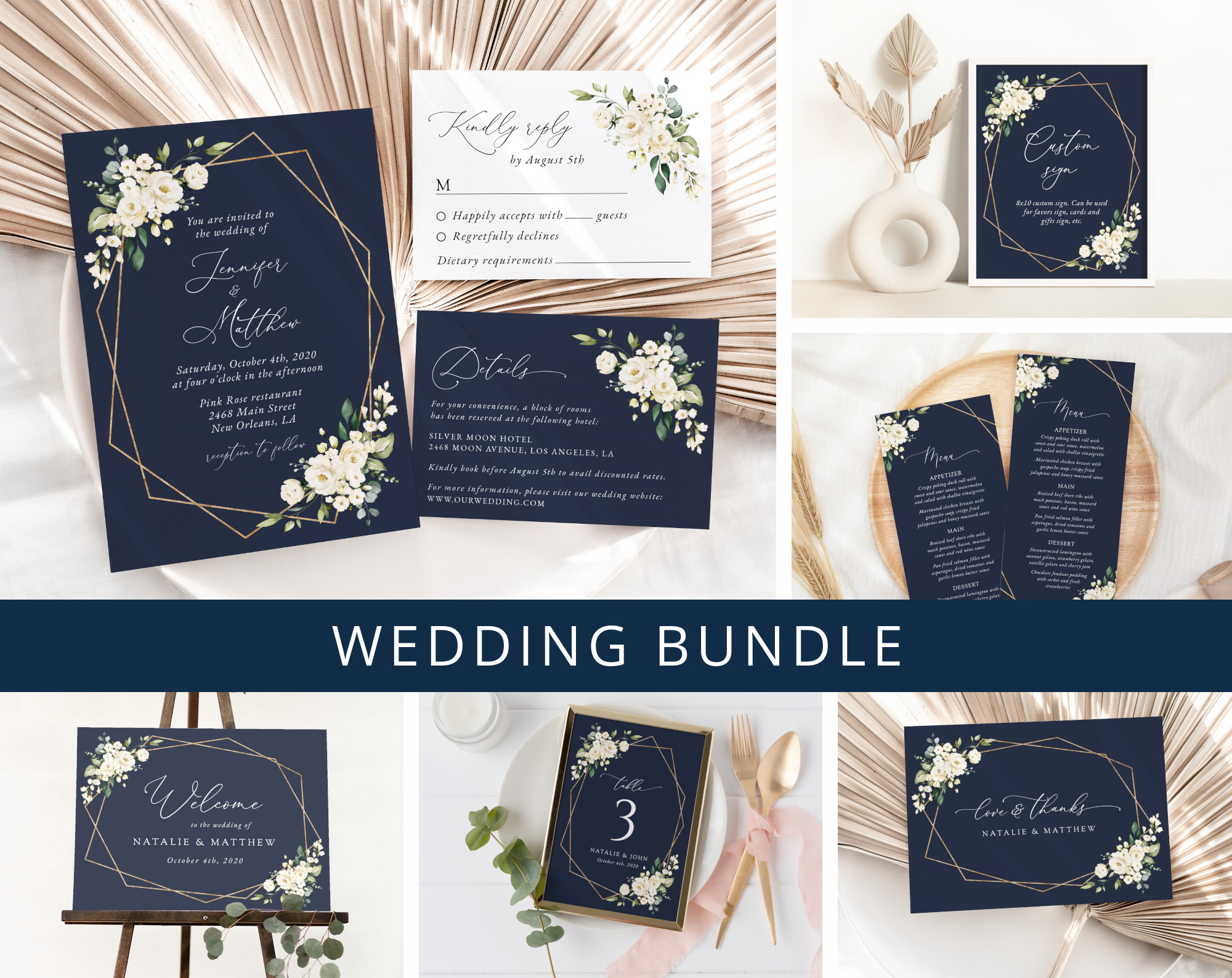 Navy and White Flowers Wedding Bundle, Printable File, Edit Yourself, SH41