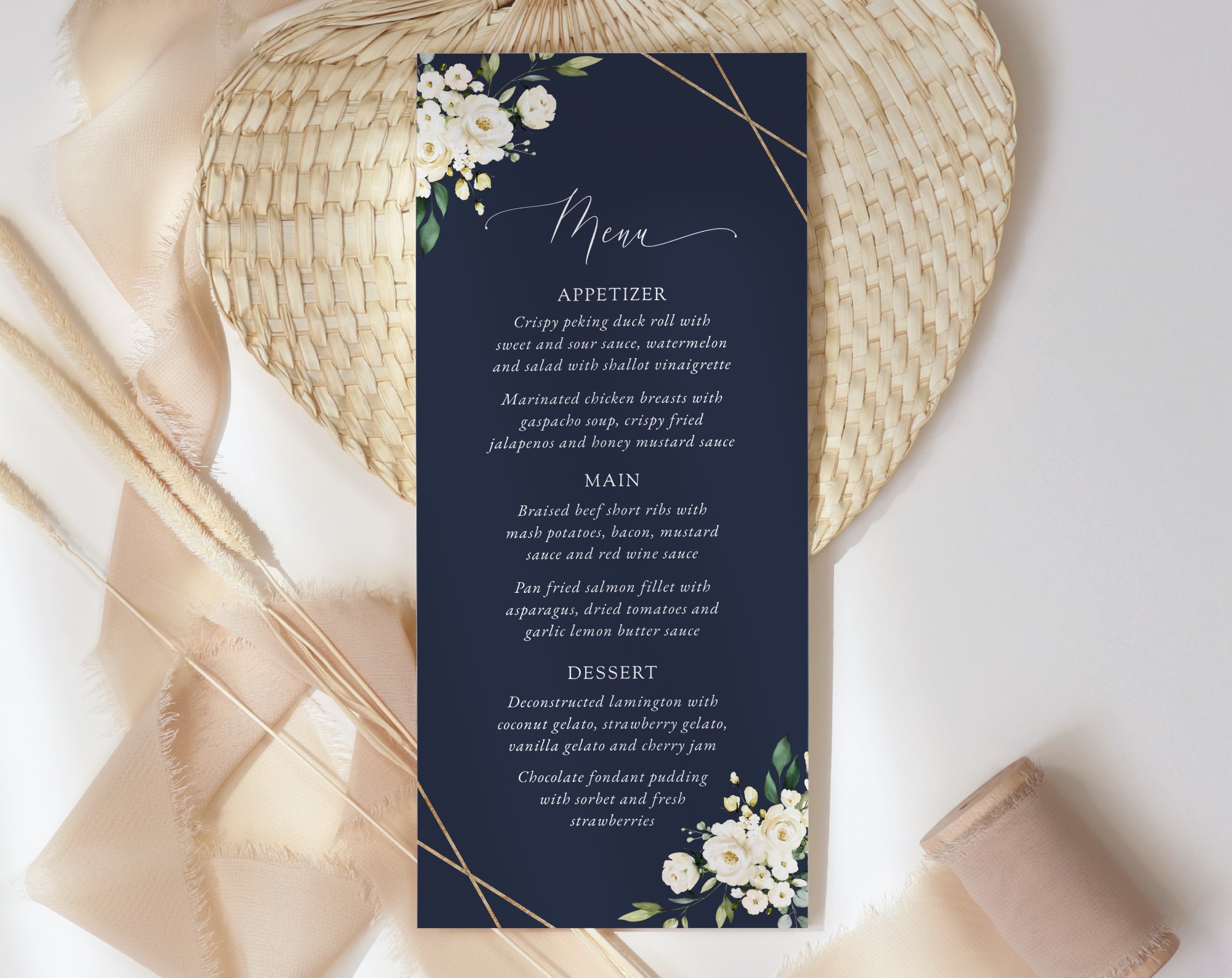 Navy and White Flowers Wedding Menu, Wedding Stationery, Printable File, Edit Yourself, SH41