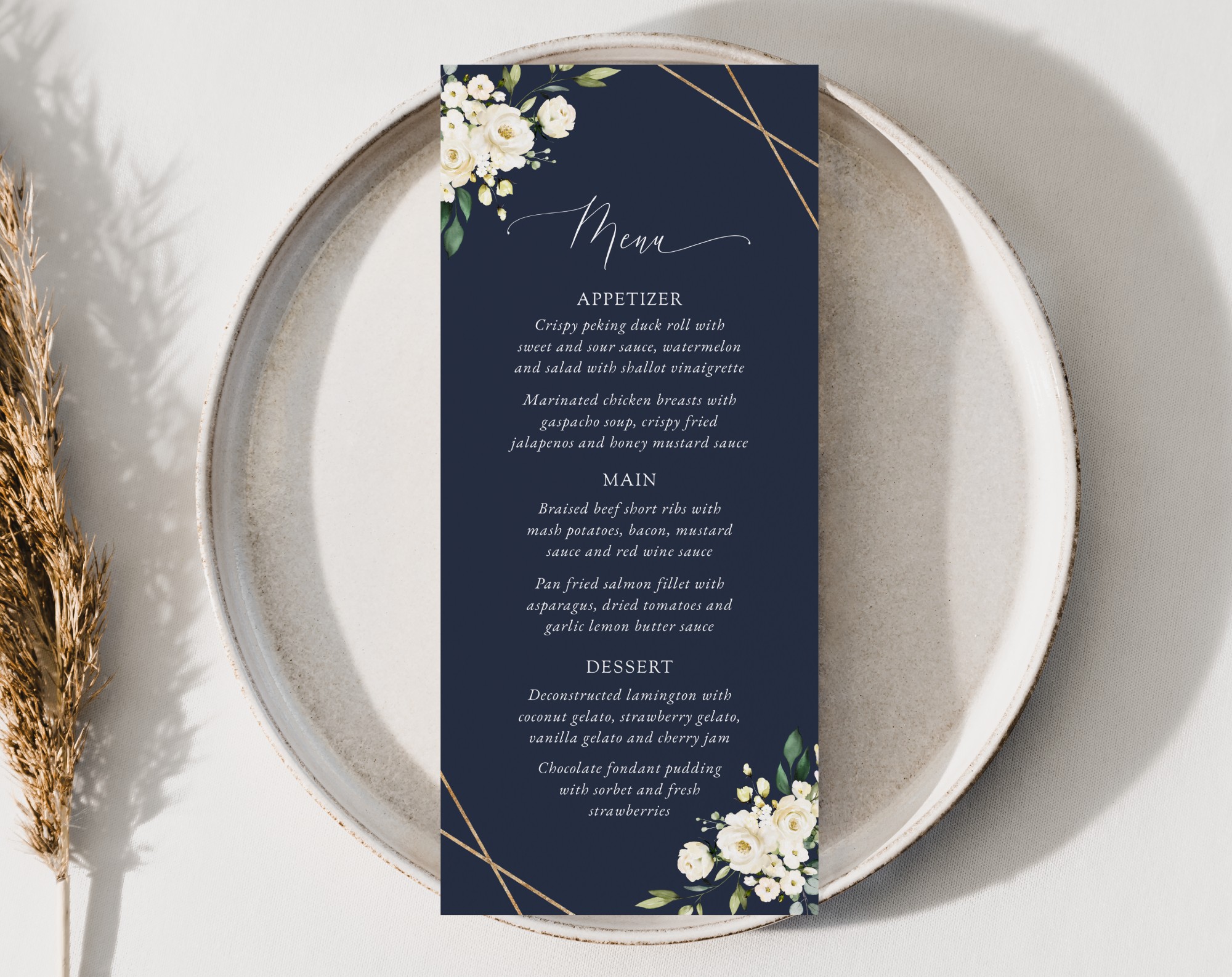 Navy and White Flowers Wedding Menu, Wedding Stationery, Printable File, Edit Yourself, SH41