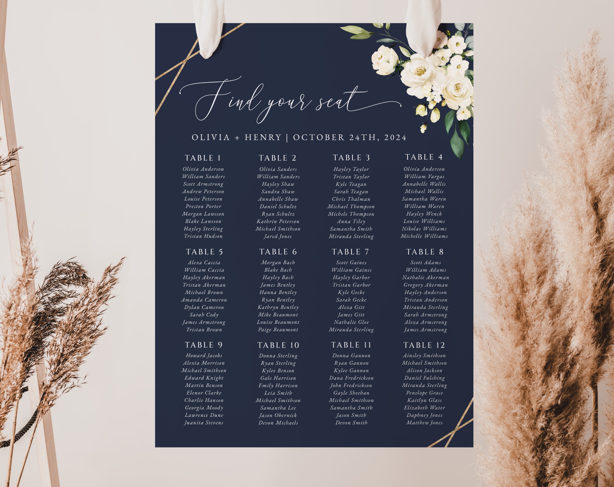 Navy and White Flowers Seating Chart, Wedding Sign, Printable File, Edit Yourself, SH41