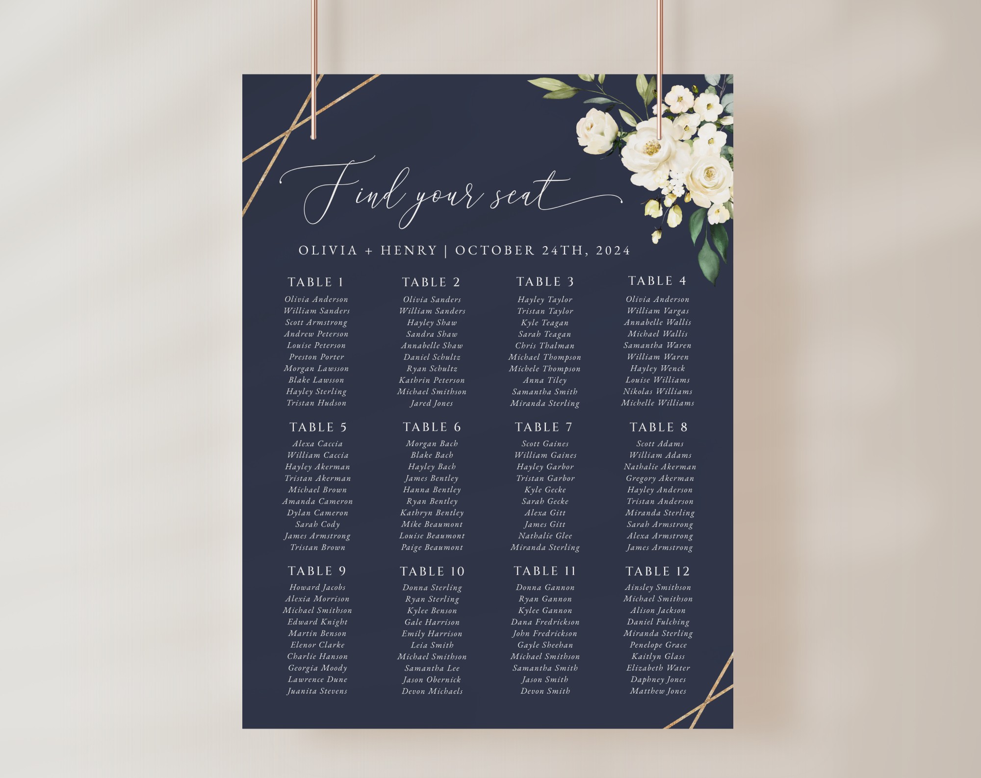 Navy and White Flowers Seating Chart, Wedding Sign, Printable File, Edit Yourself, SH41