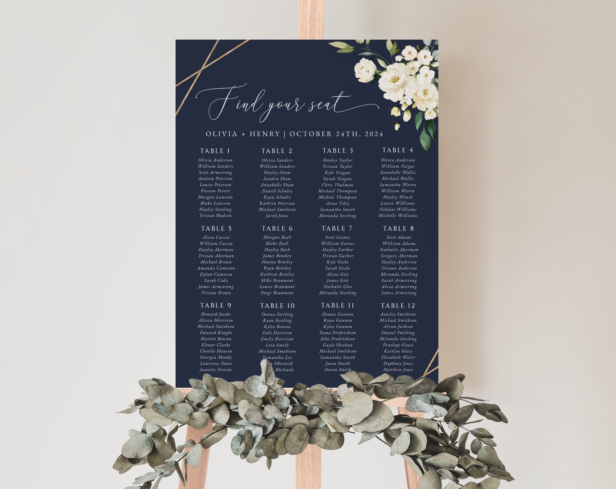 Navy and White Flowers Seating Chart, Wedding Sign, Printable File, Edit Yourself, SH41