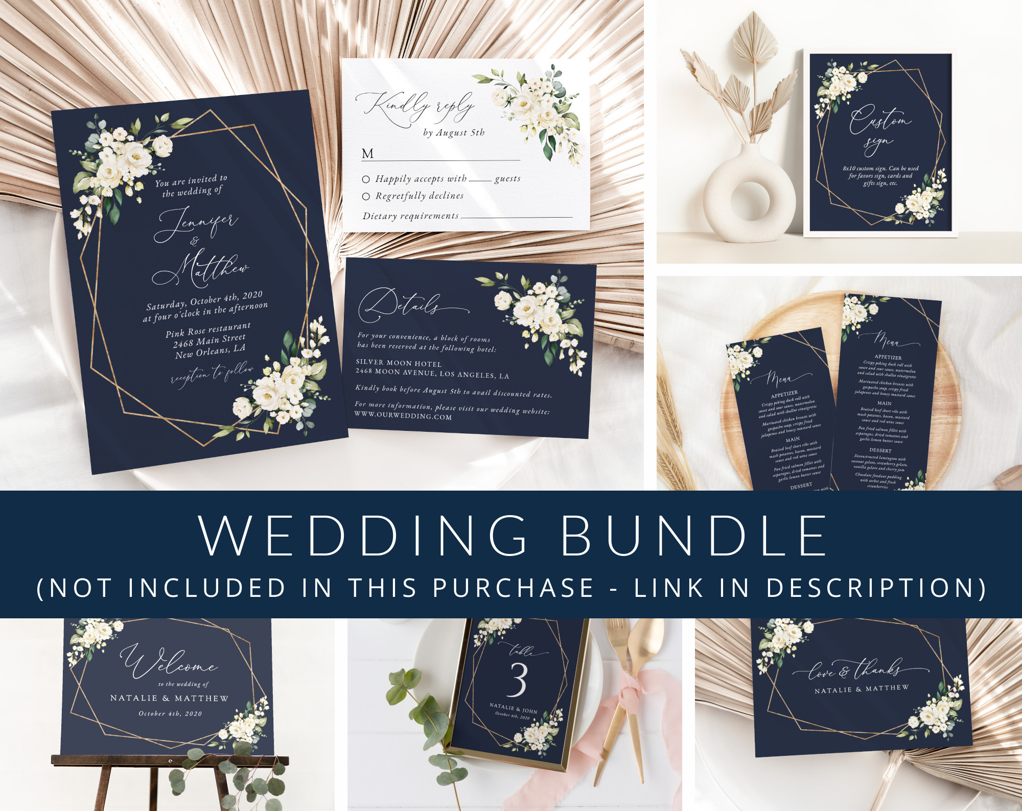 Navy and White Flowers Wedding Bundle, Printable File, Edit Yourself, SH41