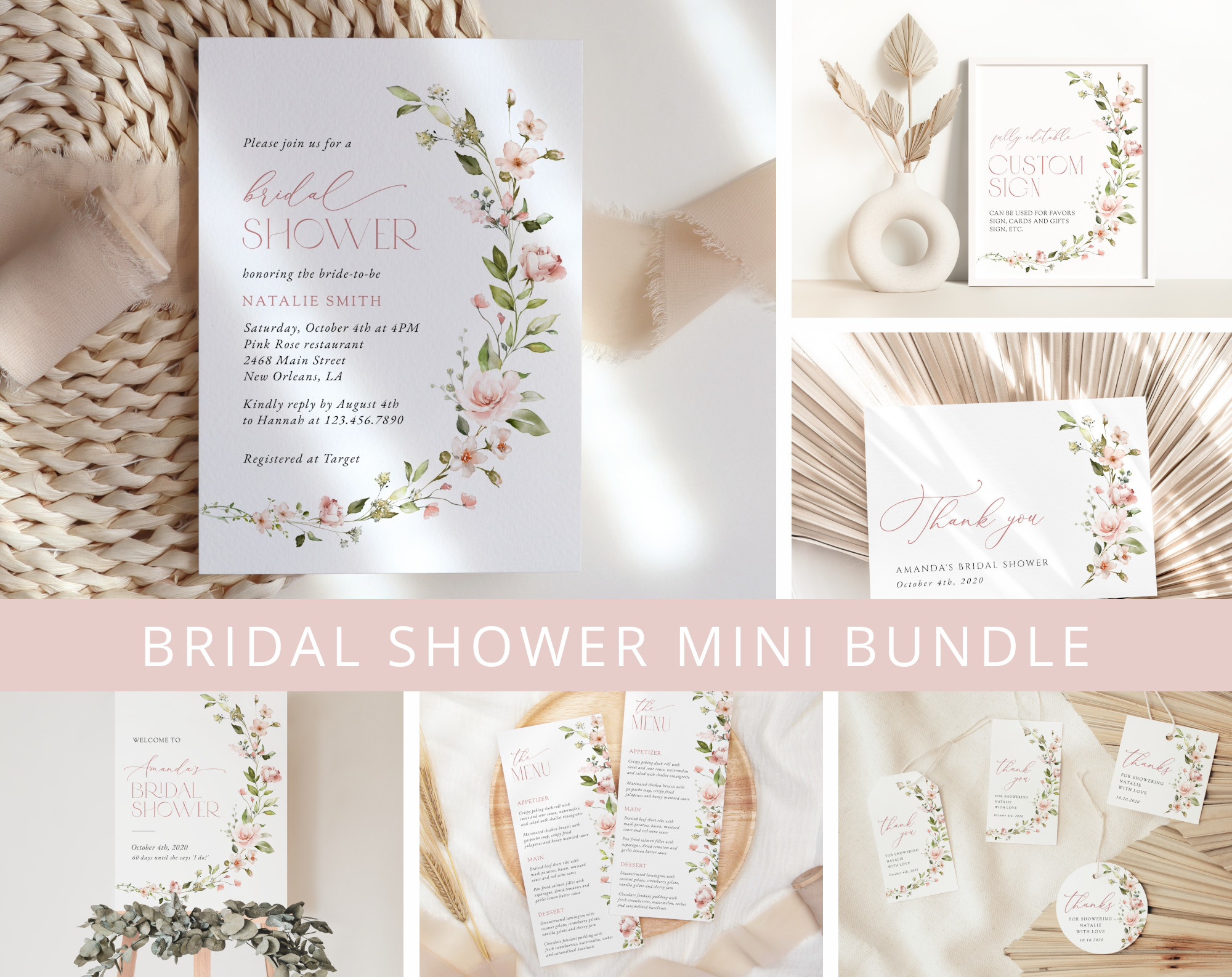 Pink Flowers Bridal Shower Mini Bundle, Printable File, Edit Yourself, SH43