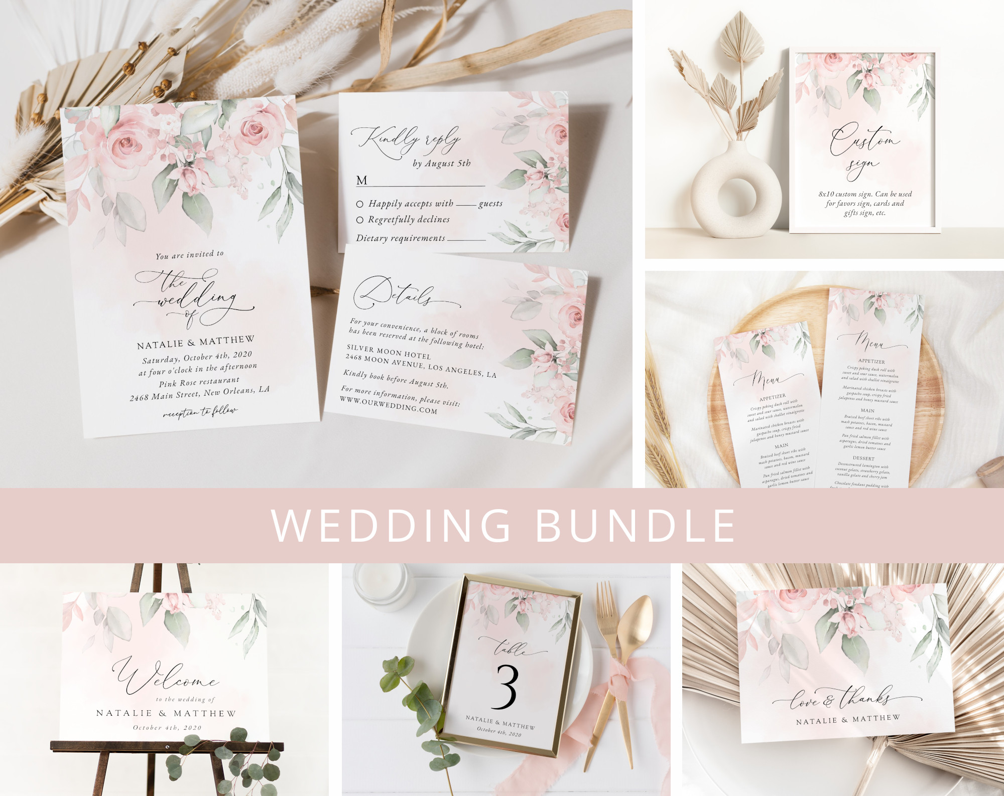 Blush Pink Flowers Wedding Bundle, Printable File, Edit Yourself, SH47