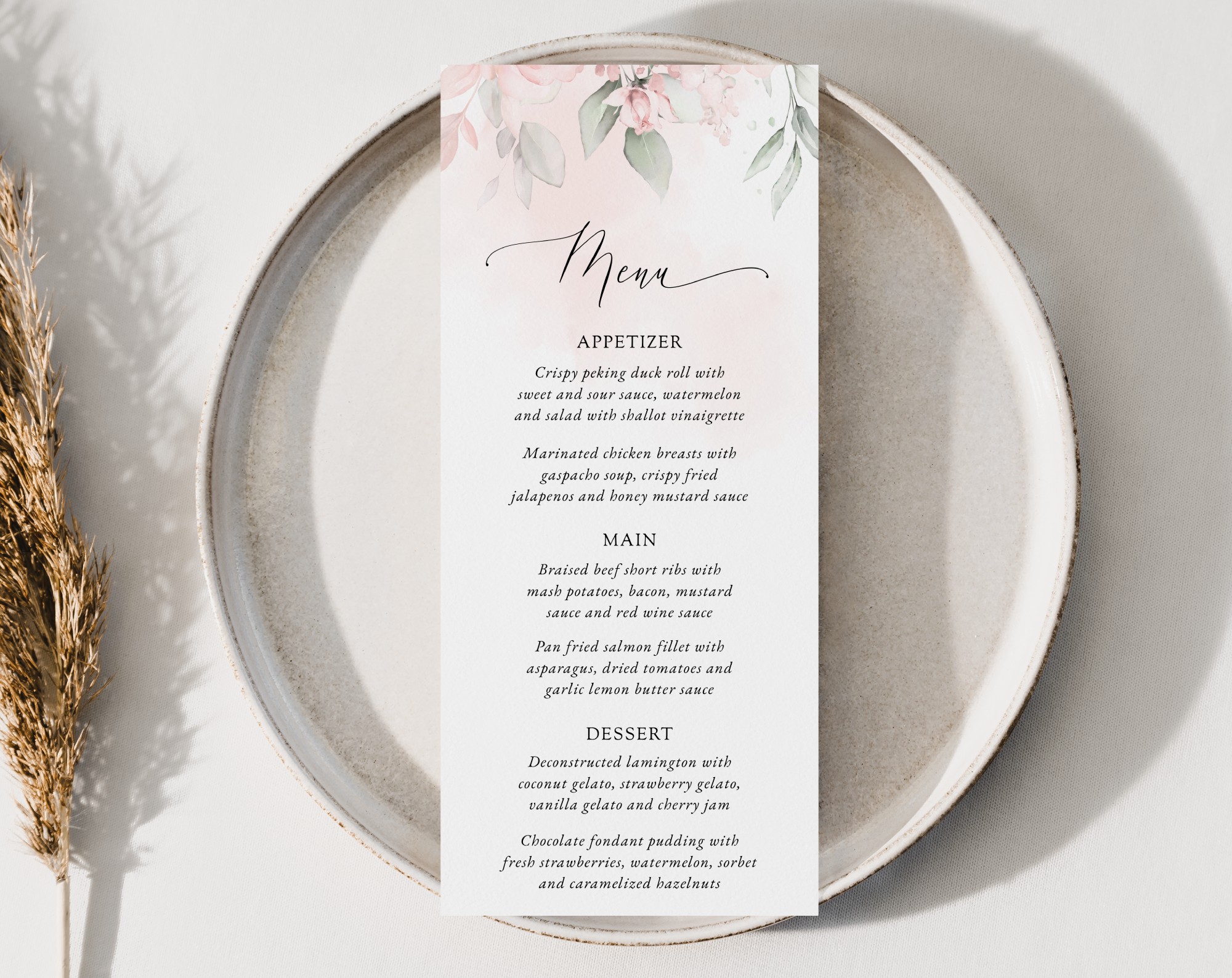 Blush Pink Flowers Wedding Menu, Wedding Stationery, Printable File, Edit Yourself, SH47