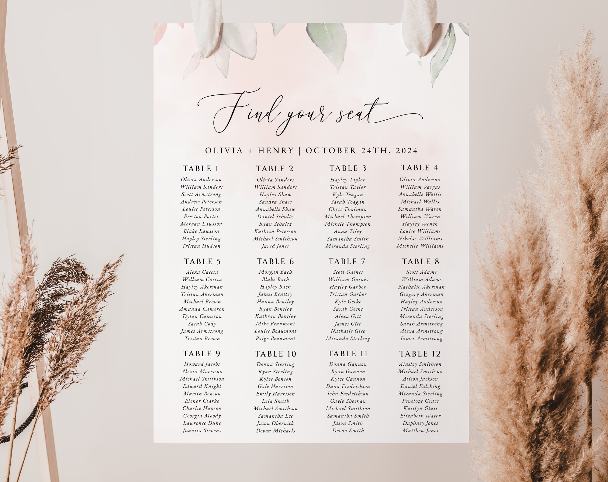 Blush Pink Flowers Seating Chart, Wedding Sign, Printable File, Edit Yourself, SH47
