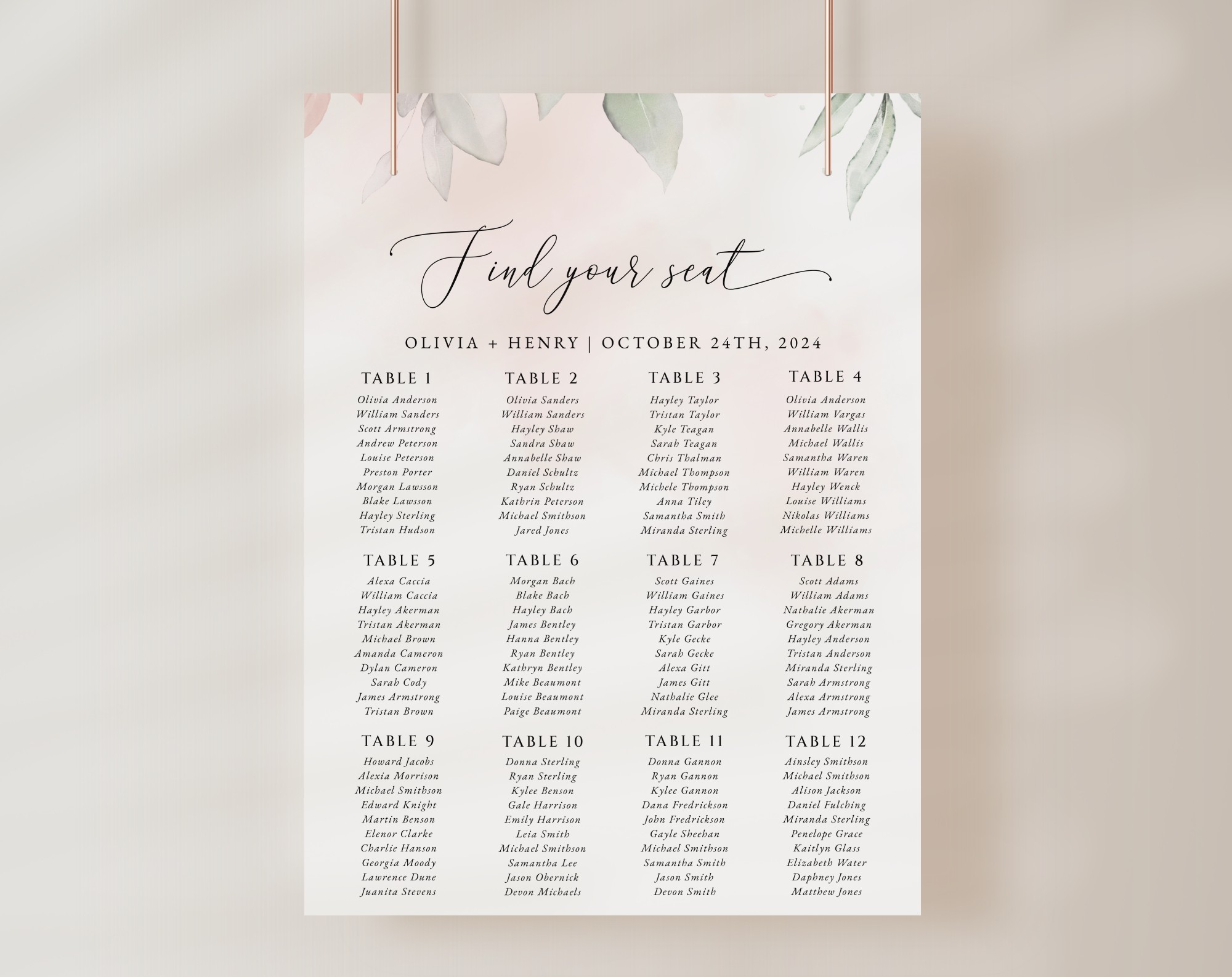Blush Pink Flowers Seating Chart, Wedding Sign, Printable File, Edit Yourself, SH47